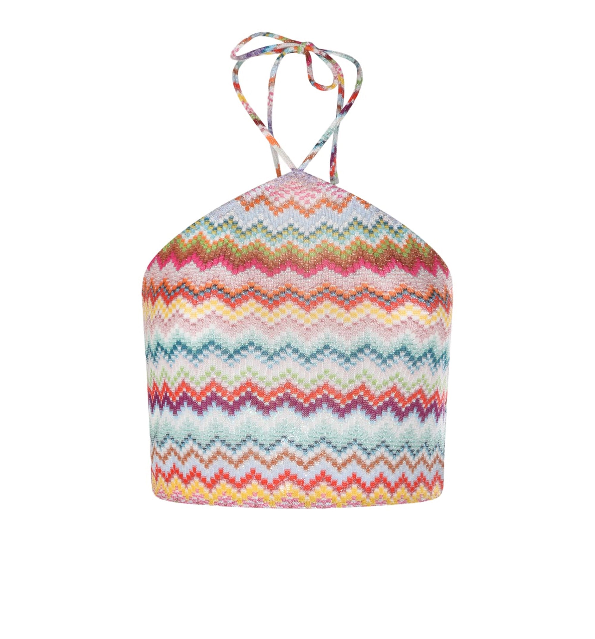 Halter-Neck Lamé Viscose Top With Pixel-Effect Zigzag Motif