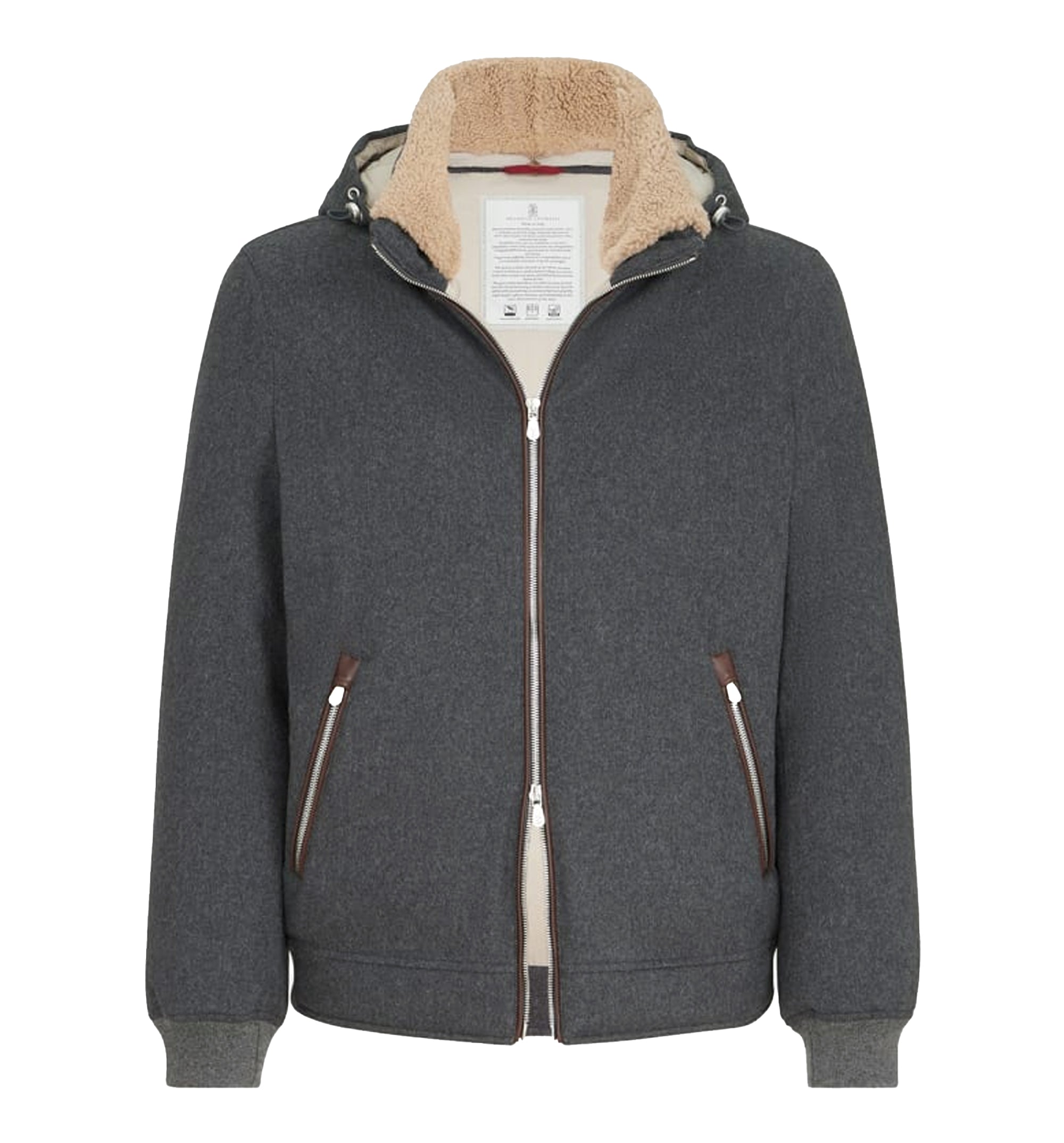 Bonded wool flannel down jacket with detachable hood