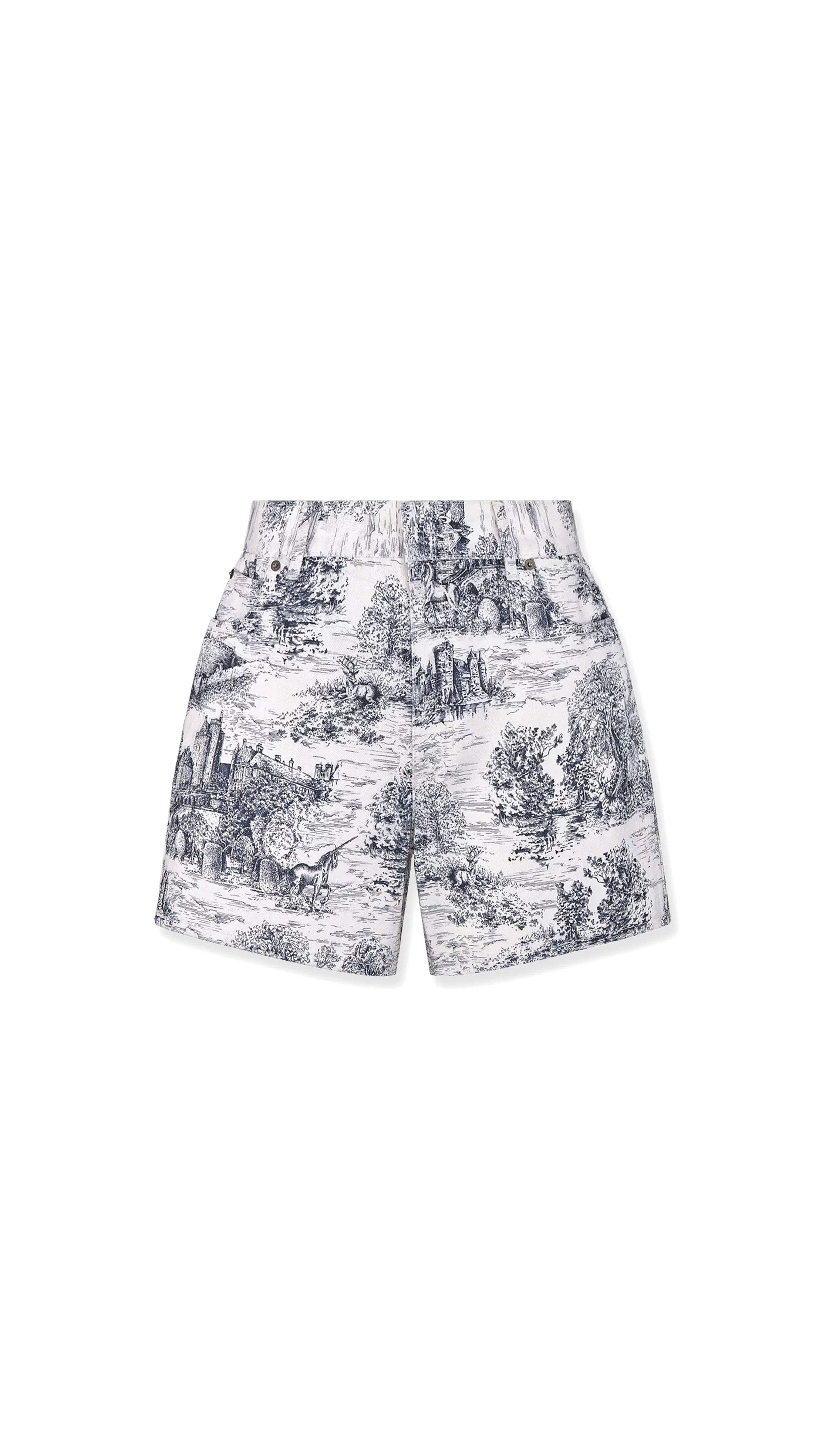 Dior Shorts Cotton Denim with Toile de Jouy Scotland Motif  - Blue/White