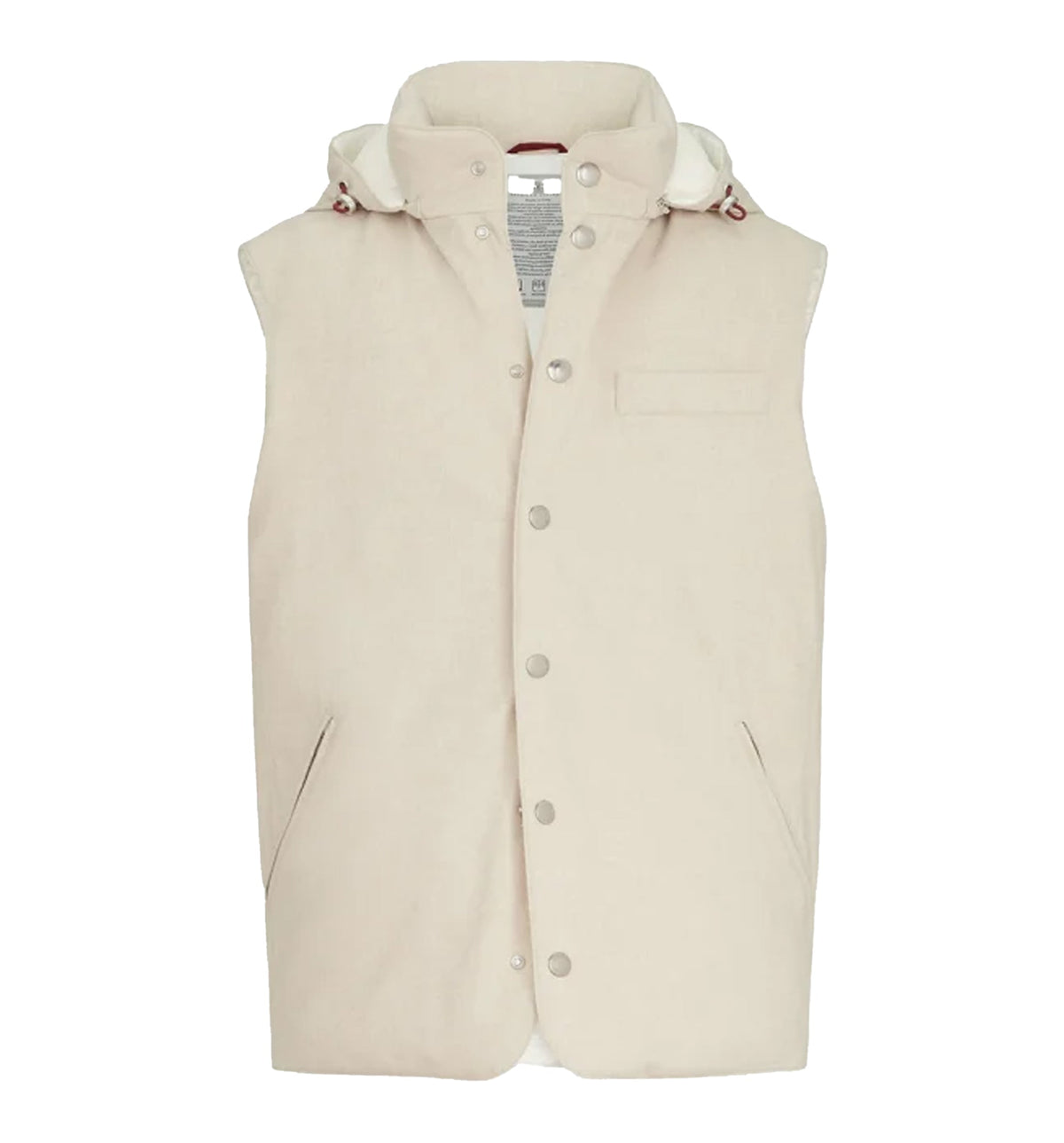 Bonded wool flannel down vest with detachable hood
