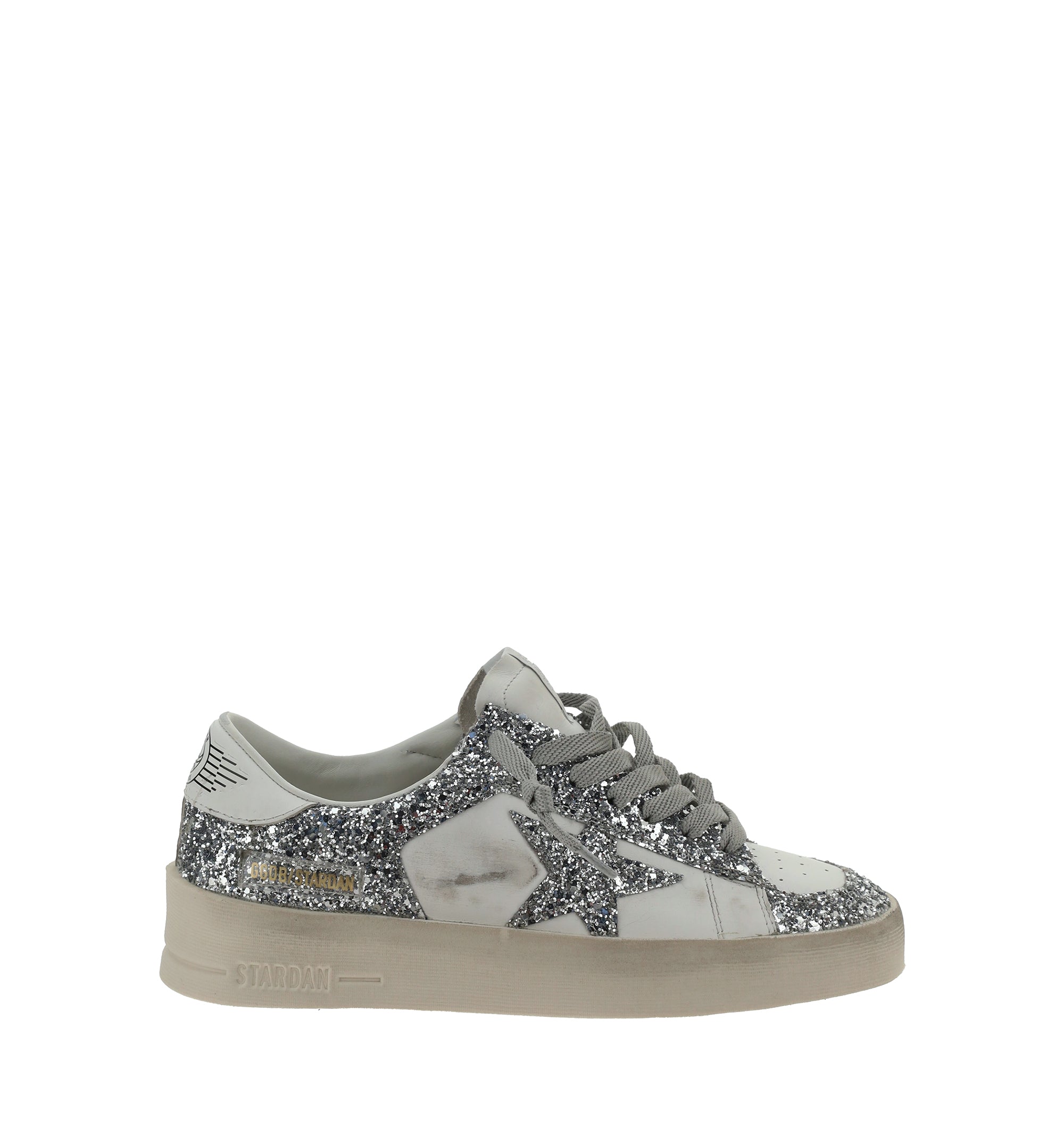 White and silver star-patch lace-up sneakers