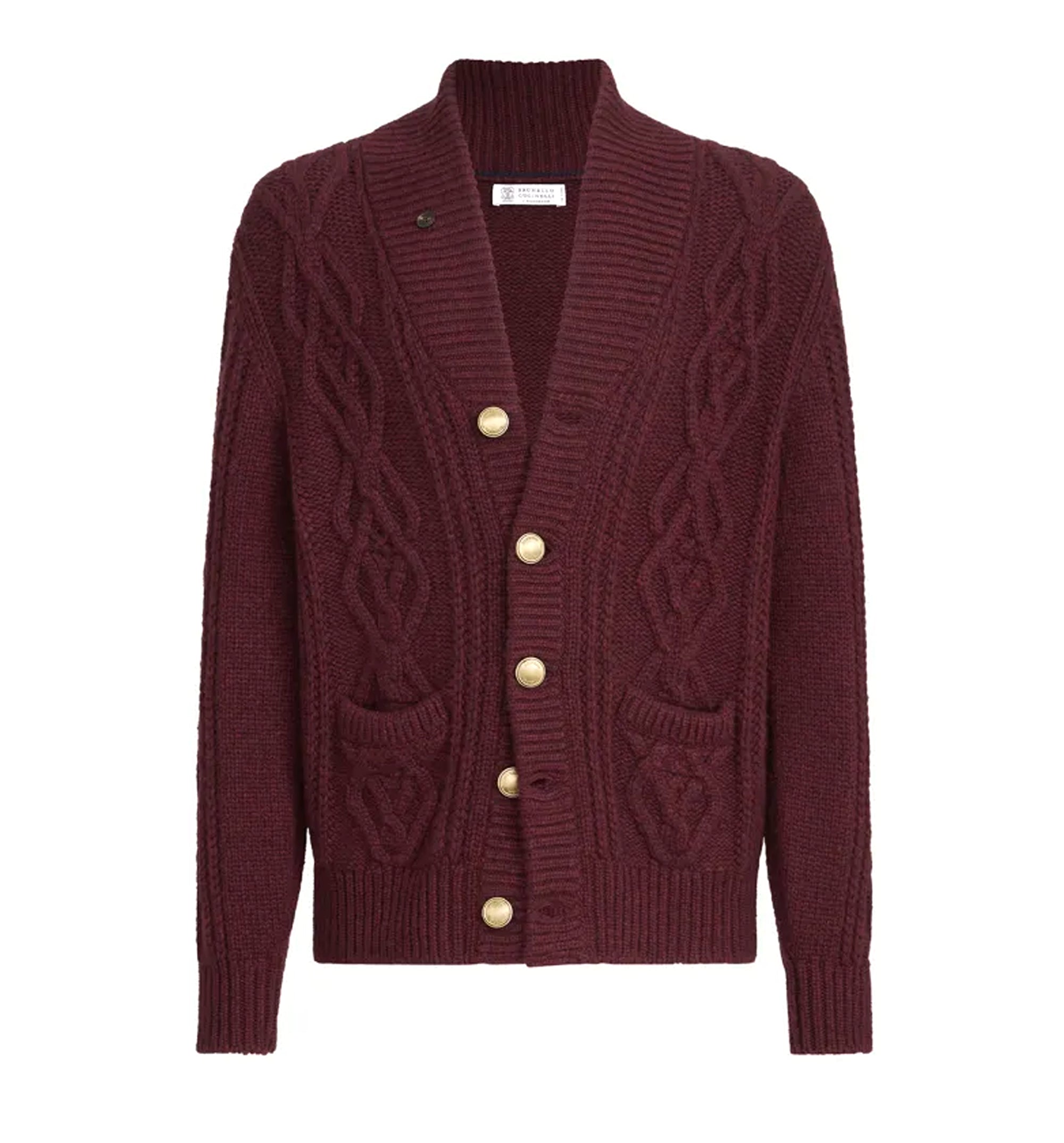 Cashmere Feather yarn cable knit cardigan with metal buttons