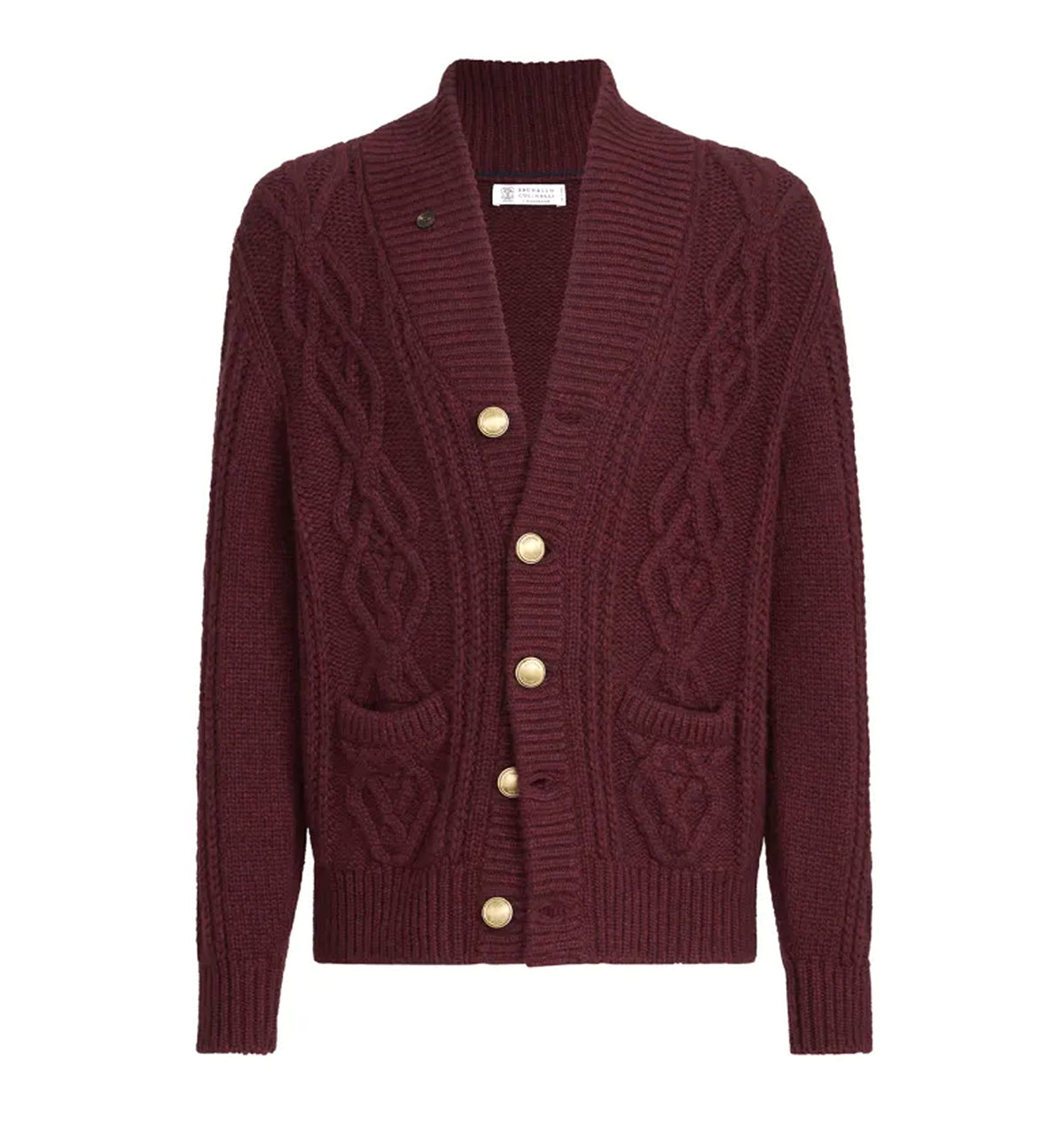 Cashmere Feather yarn cable knit cardigan with metal buttons