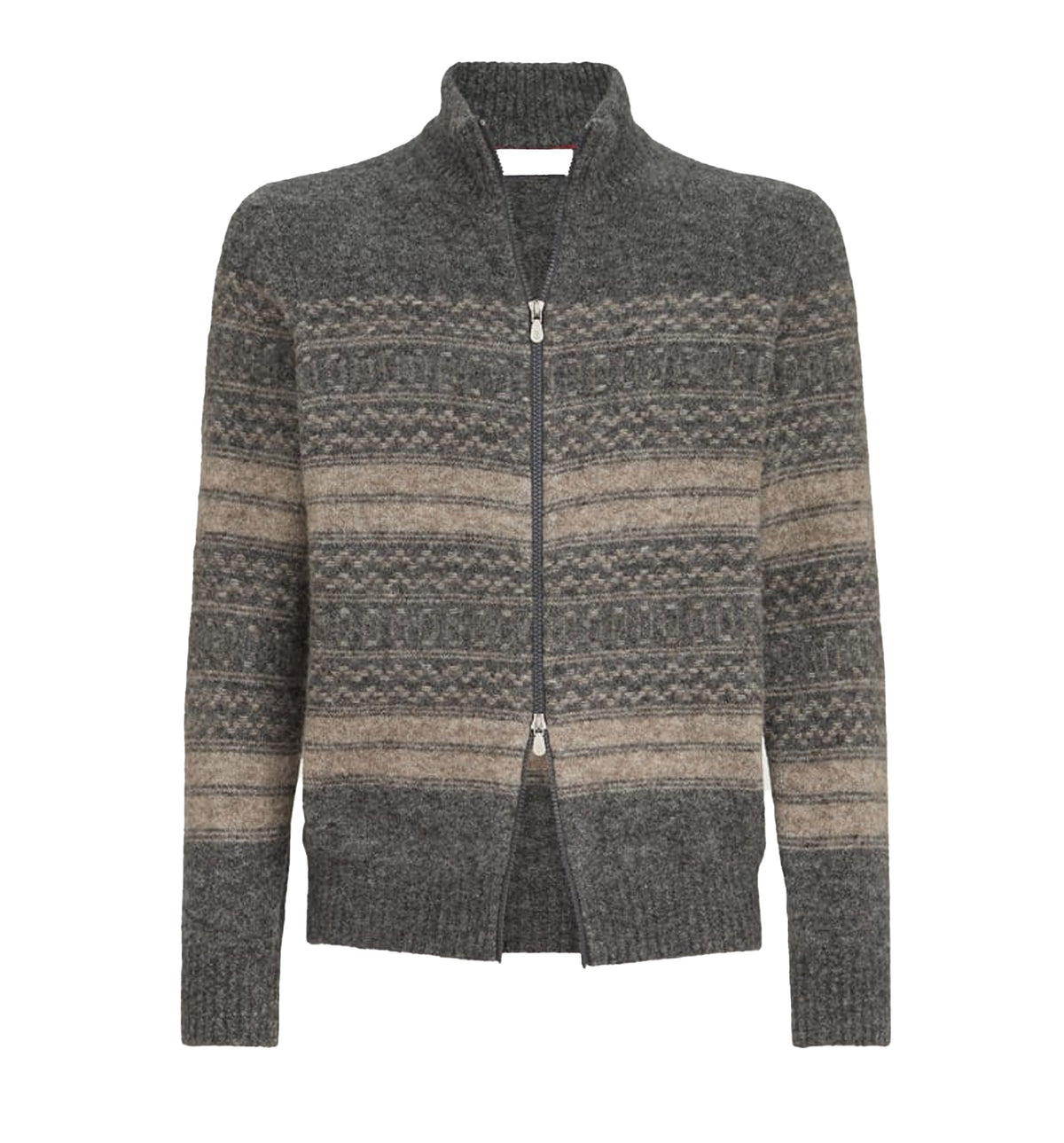 Alpaca, cashmere and wool nordic jacquard high-neck cardigan with zip