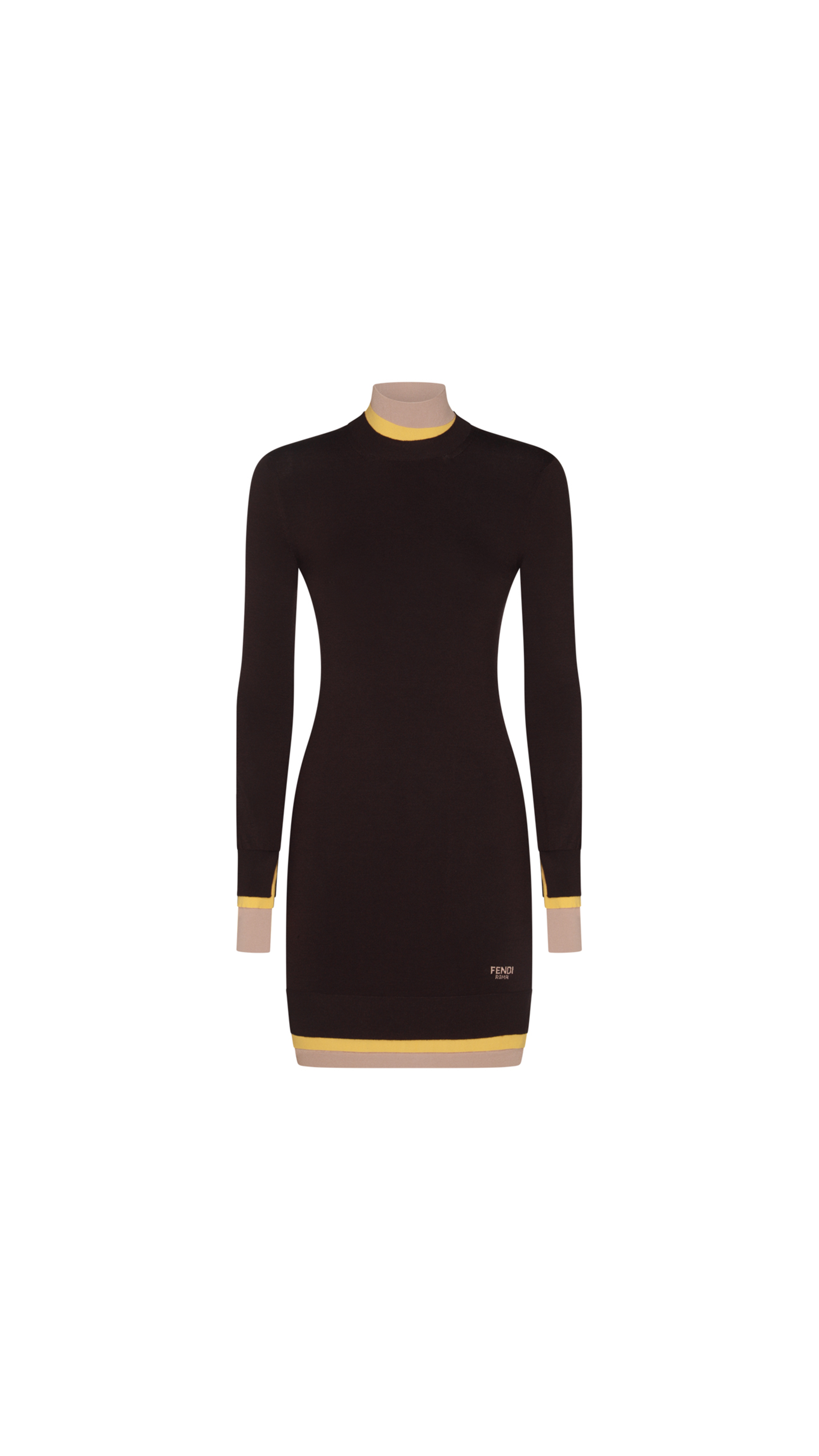 Trompe-l'oeil Wool Jersey Turtleneck Dress - Dark Purple/Yellow/Beige