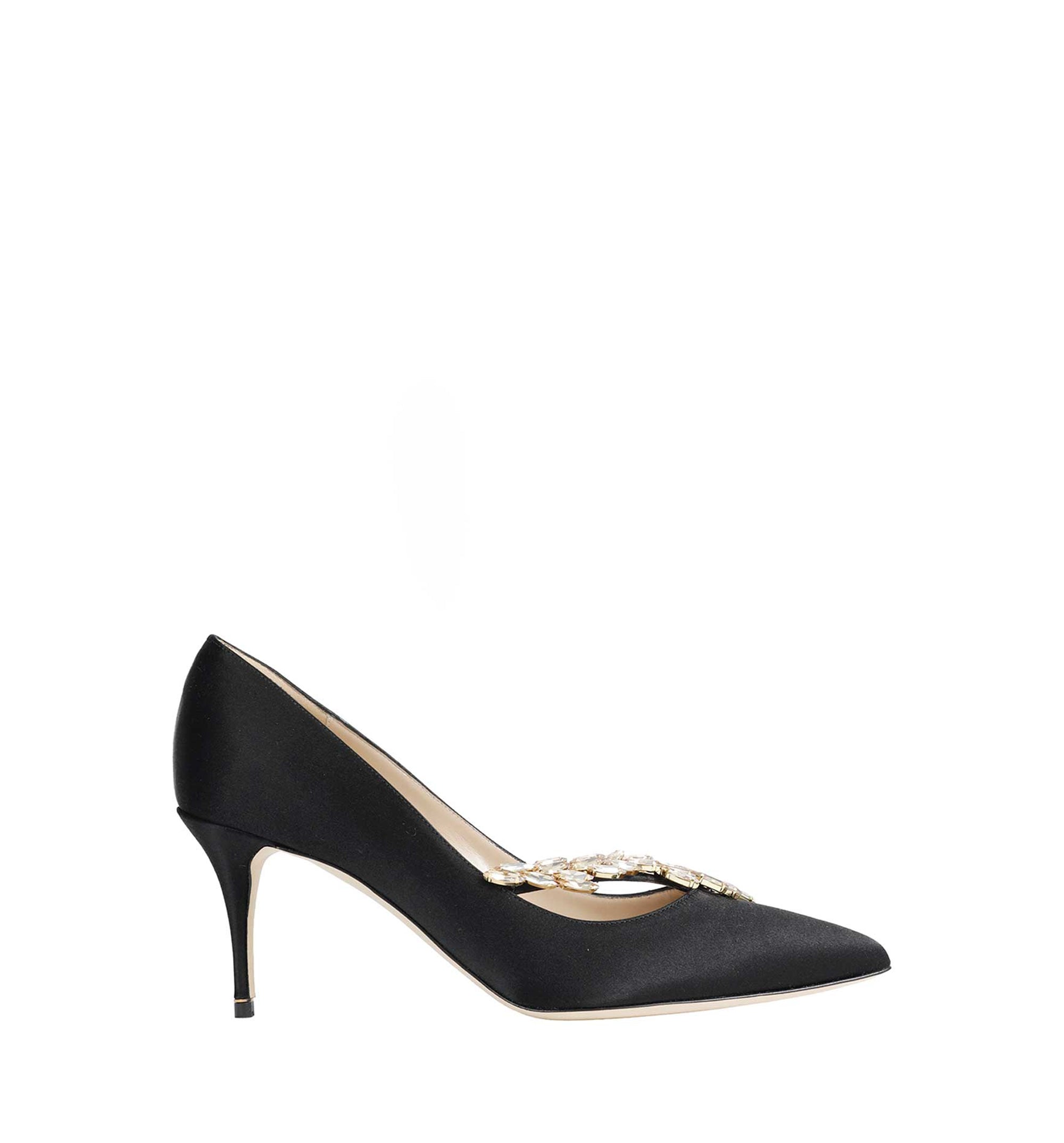 Black Satin Jewel Buckle Pumps