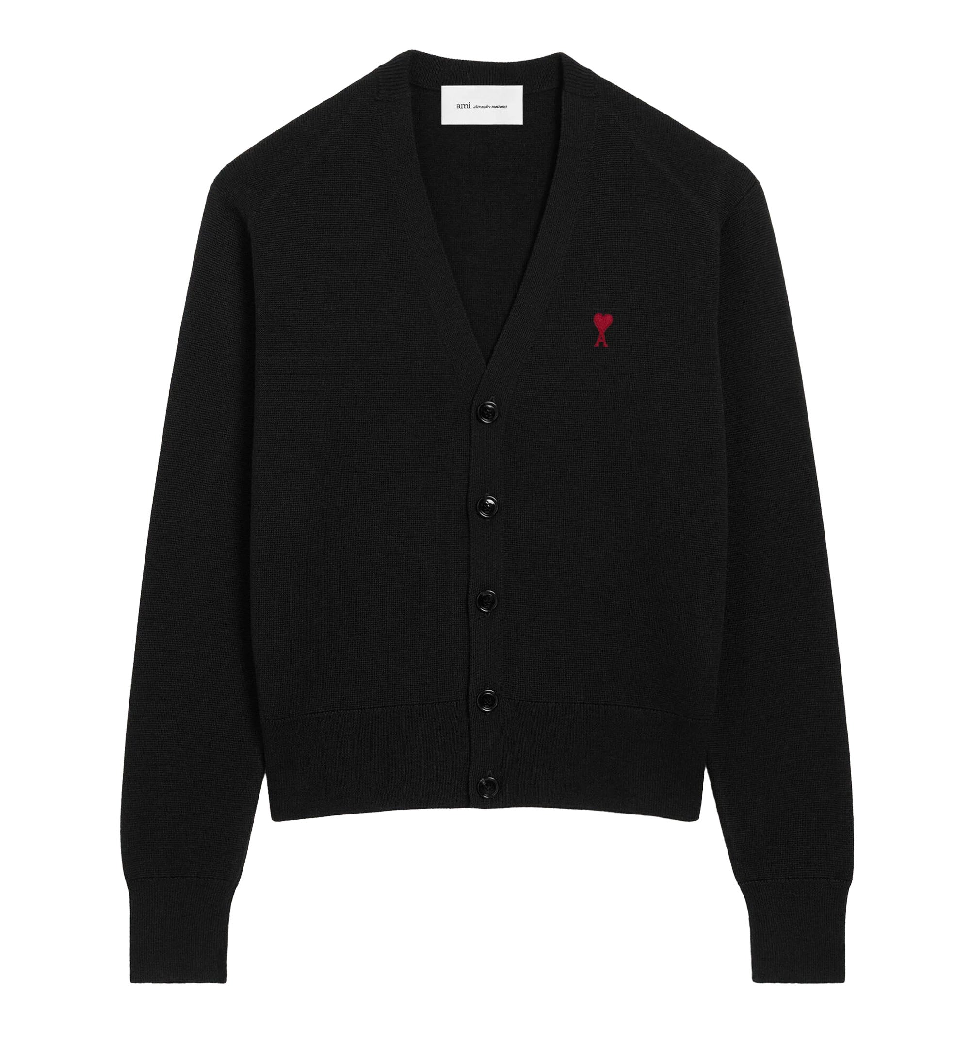 Black V neck wool cardigan with Ami de Coeur