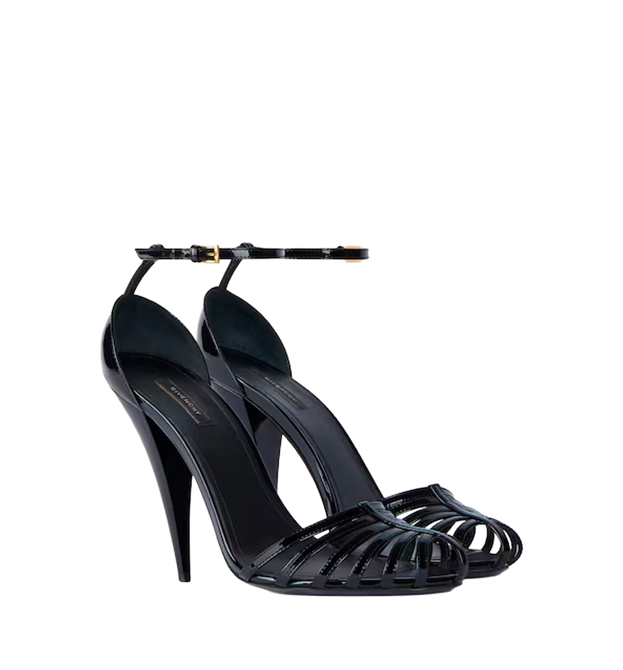 Cage heeled sandals in patent leather