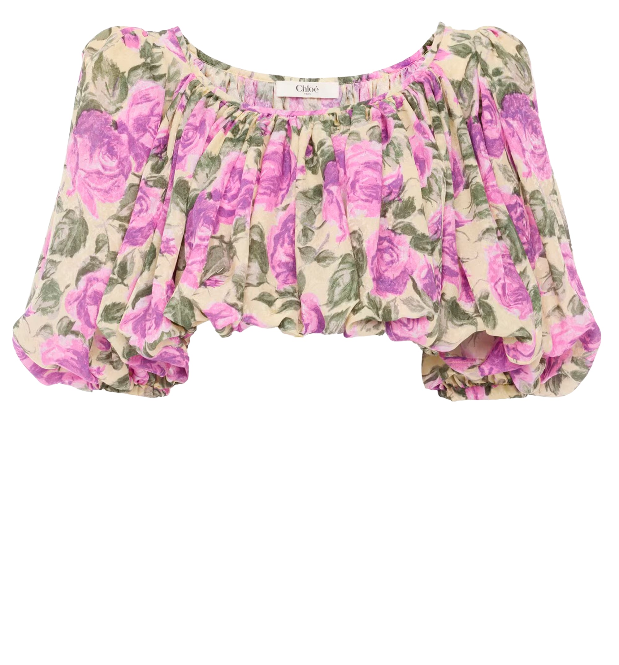 Puff-sleeve cropped top in silk jacquard
