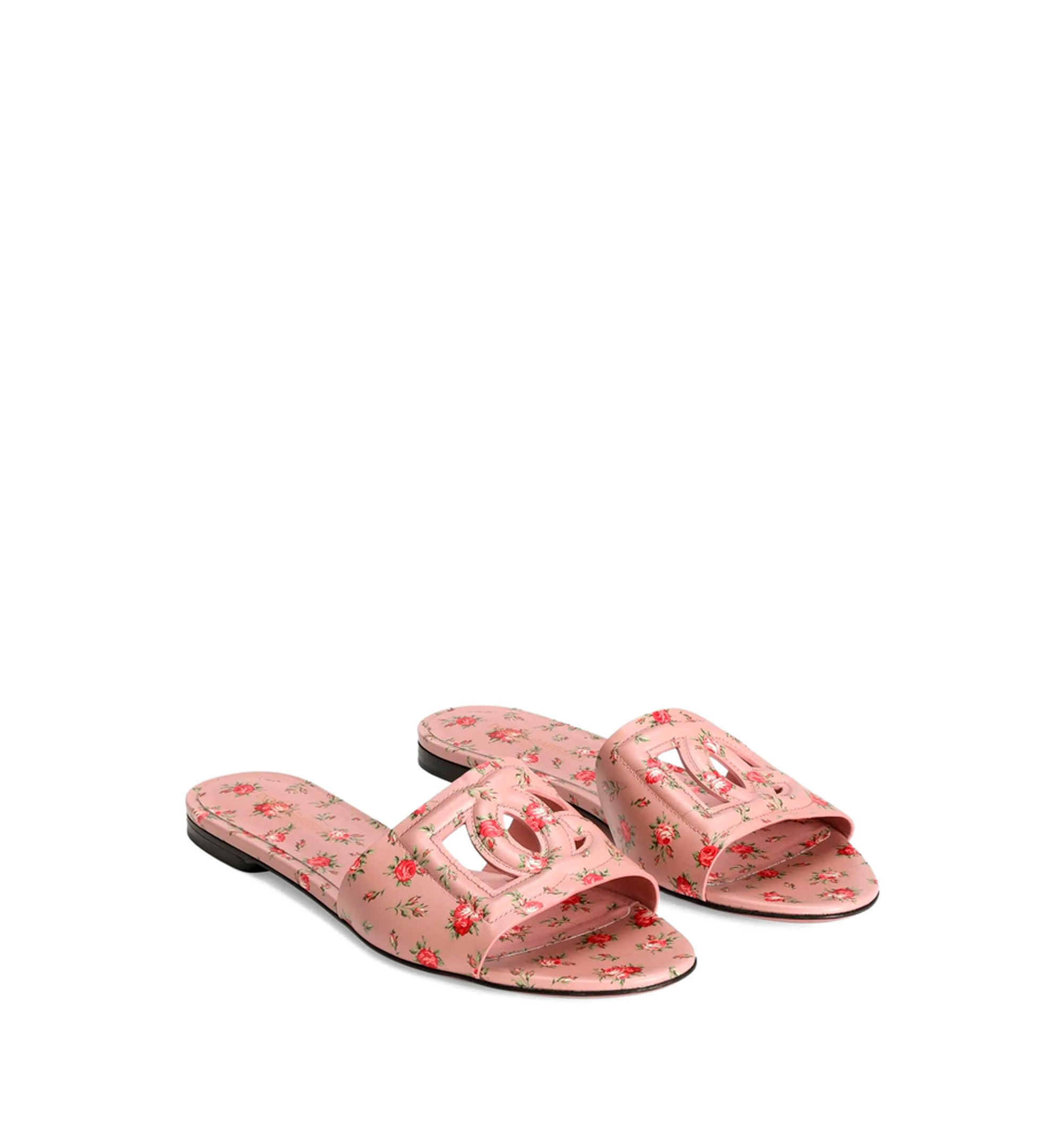 Calfskin flat slippers with rose print