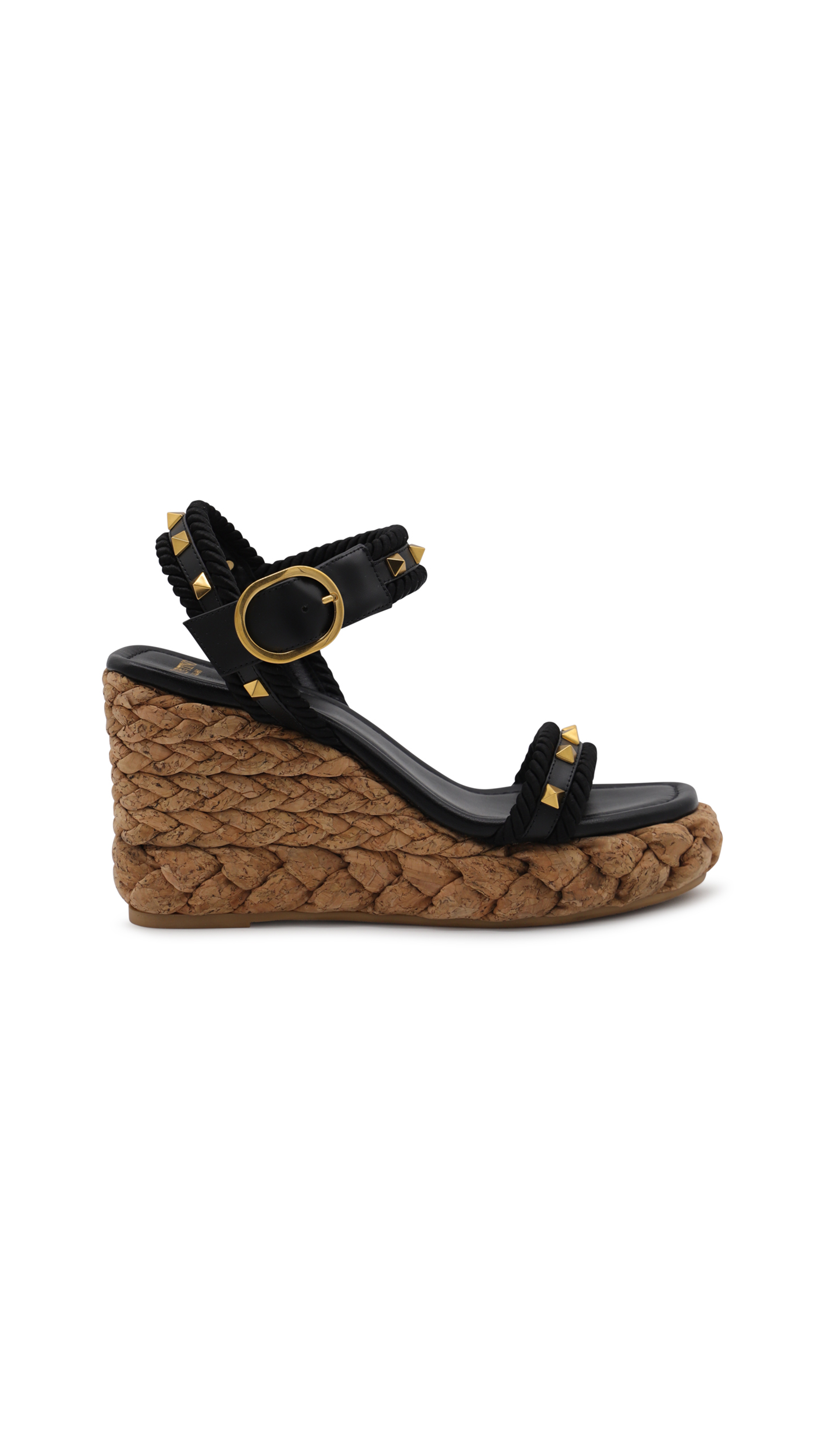 Rockstud Calfskin Braided Wedge Sandals - Natural/Black