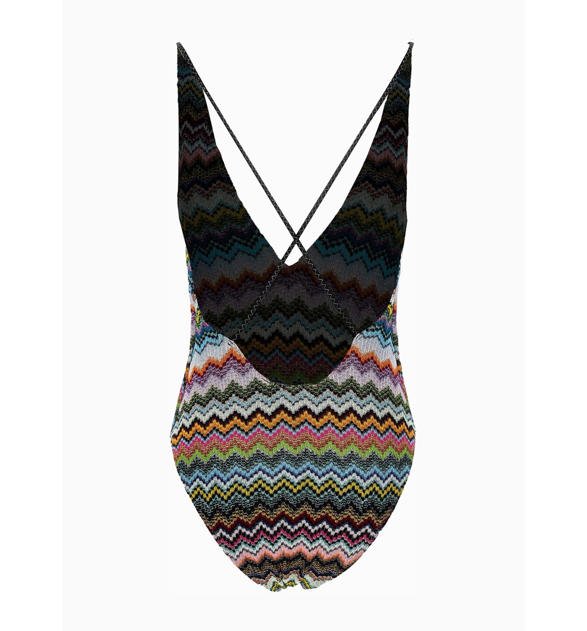 One-Piece Swimsuit In Lamé Viscose With Pixel-Effect Zigzag Pattern And V-Neckline