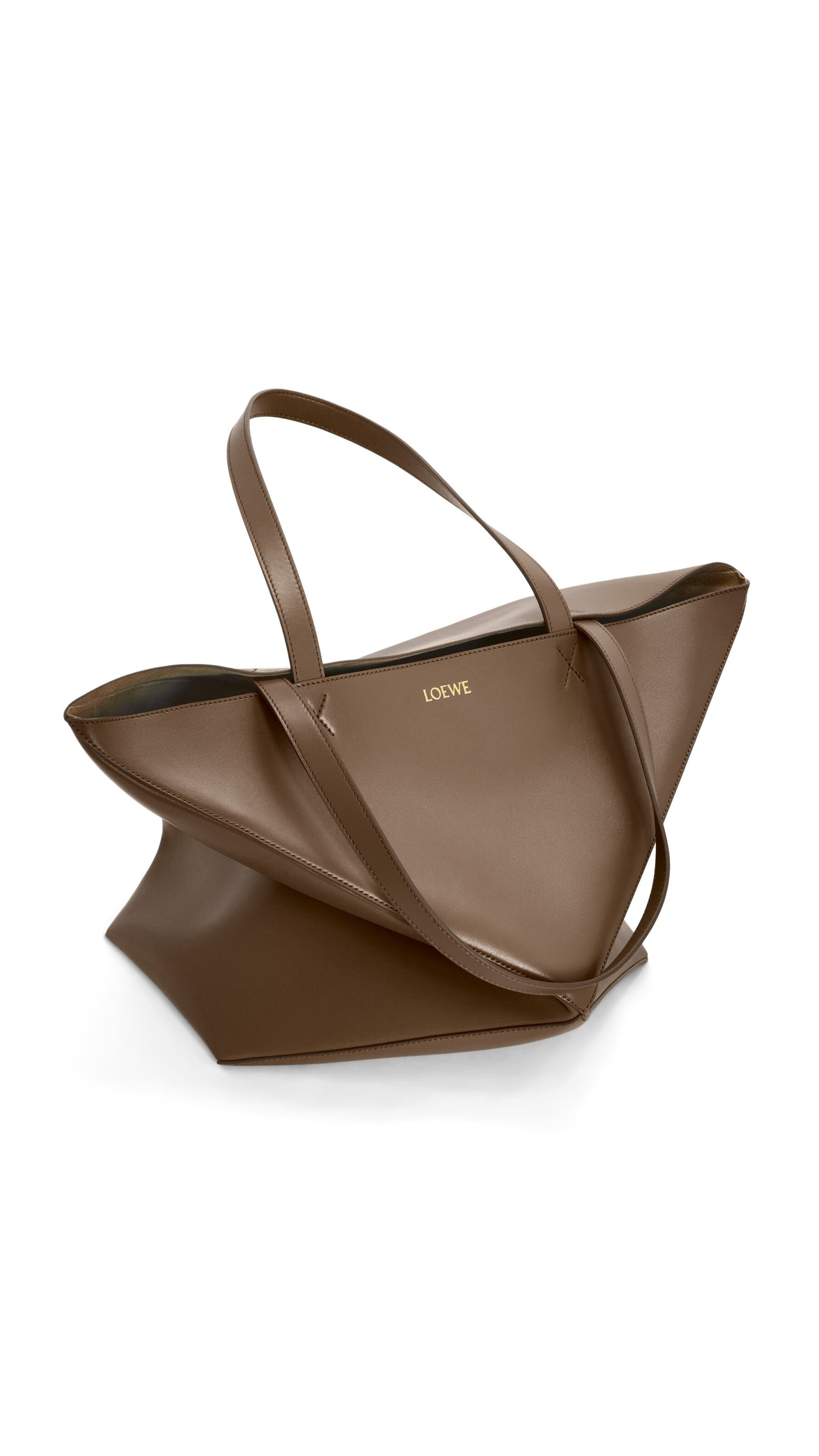 LOEWE Large Puzzle Fold Tote in Shiny Calfskin Umber