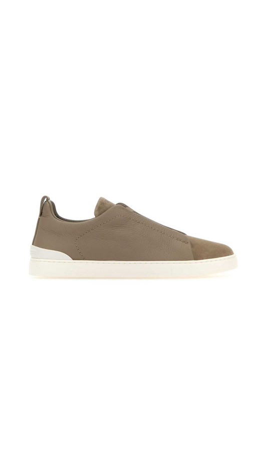 Utility Triple Stitch Sneakers in Mixed Leather - Dark Beige