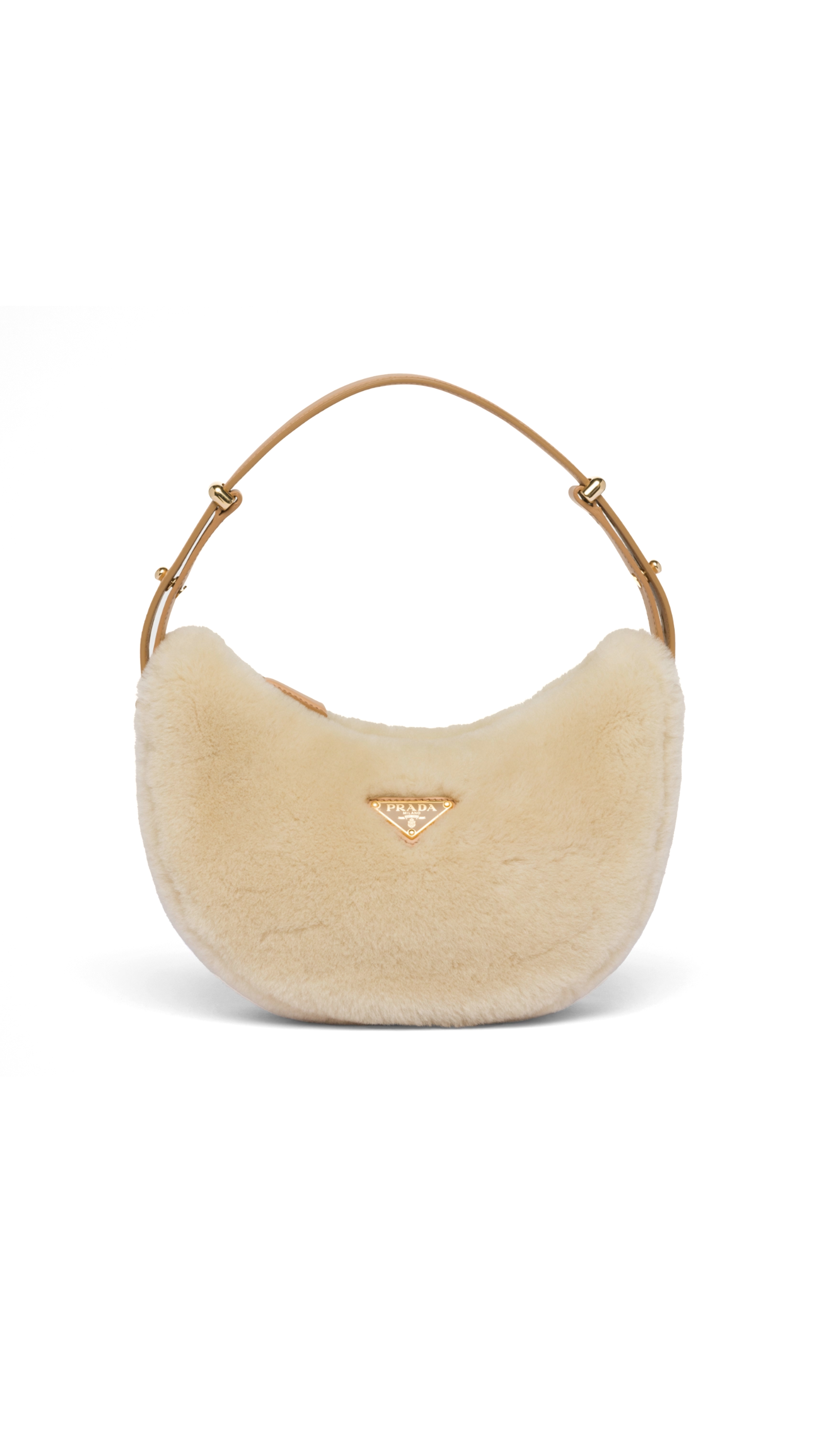 Prada Arqué Shearling and Leather Shoulder Bag - Écru/Noisette