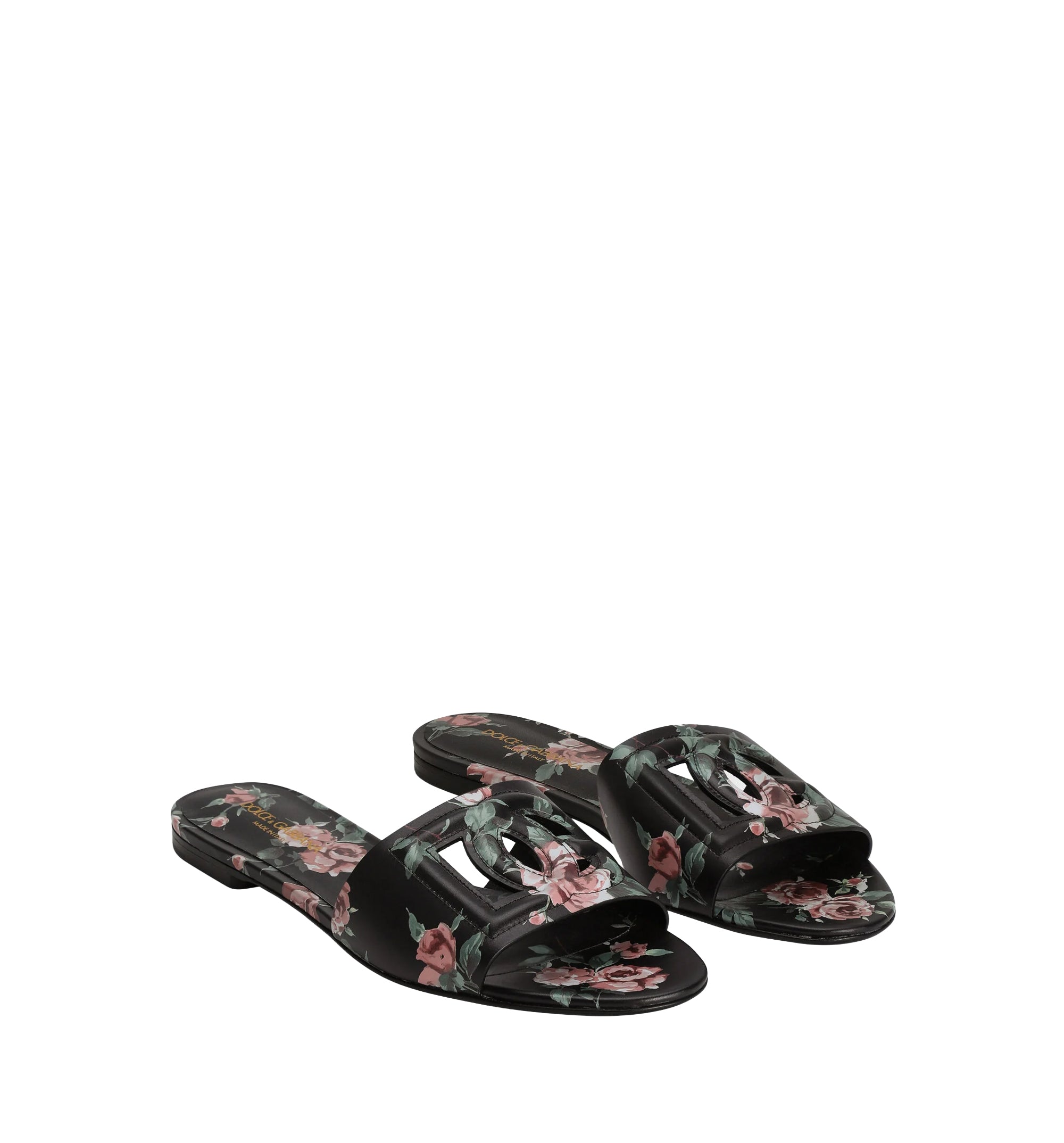 Calfskin Flat Slippers With Rose Print