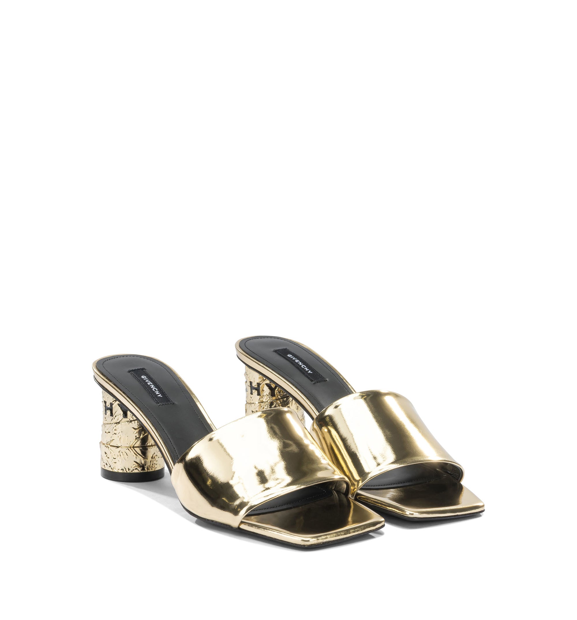 Tape Heeled Mules in Mirror Effect Leather