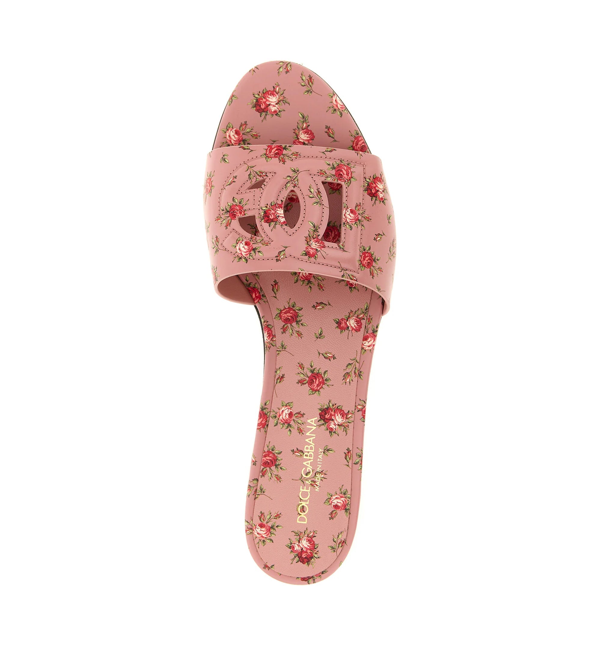 Calfskin Flat Slippers With Rose Print