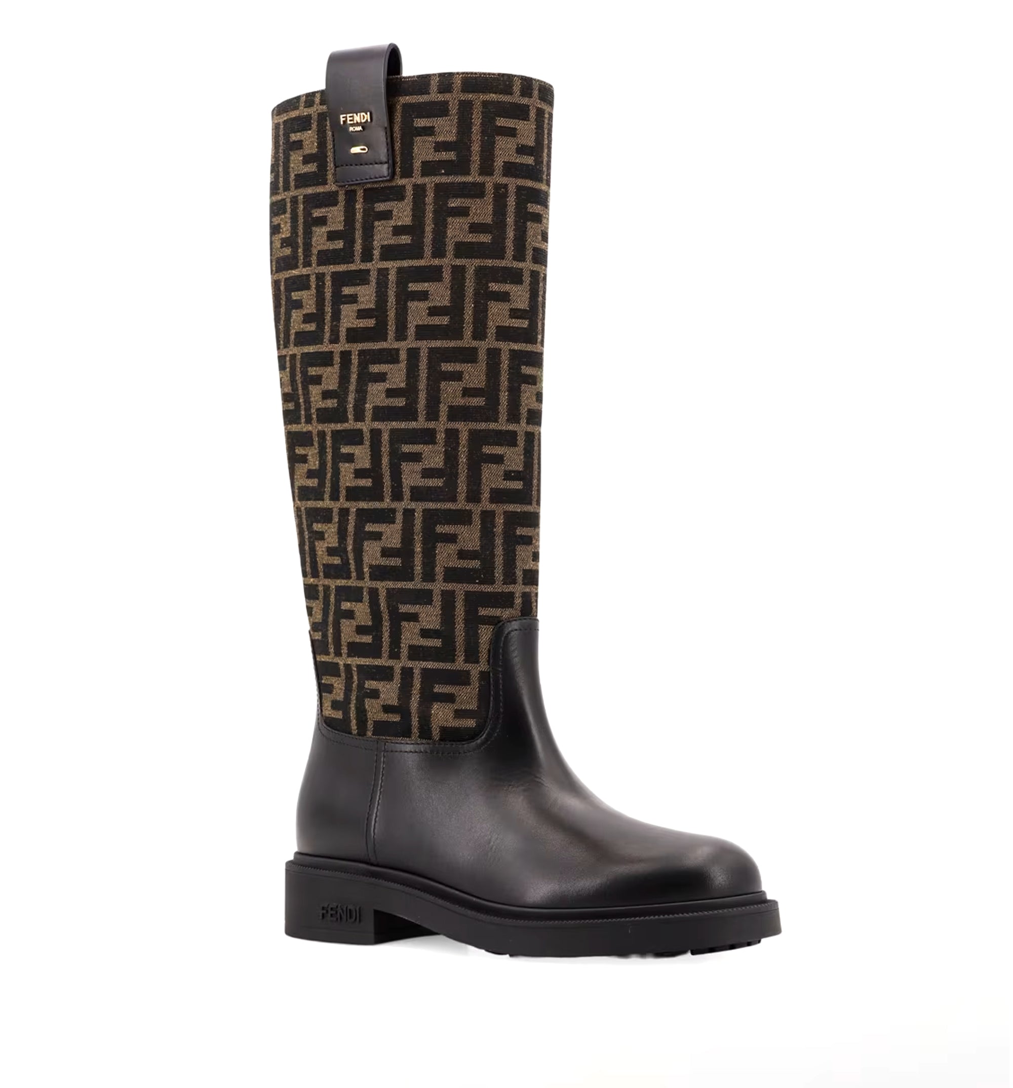 Fendi Filo Black Leather And Brown FF Fabric Boots
