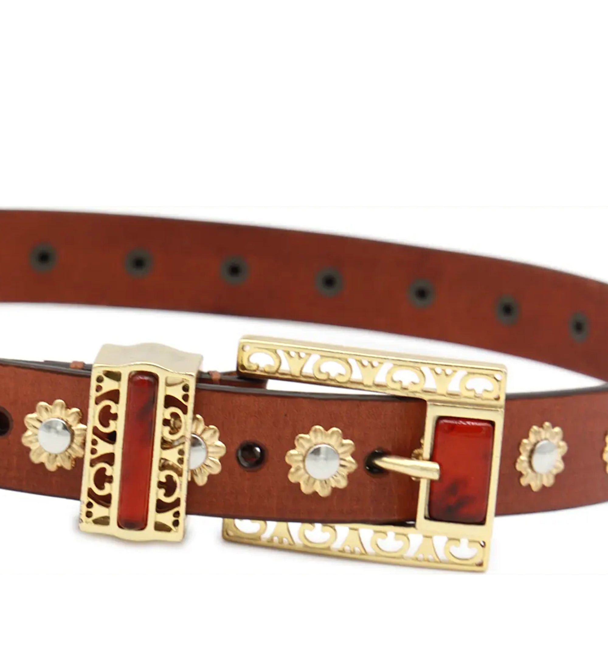 Leather Belt With Floral Studs And Amber Inserts