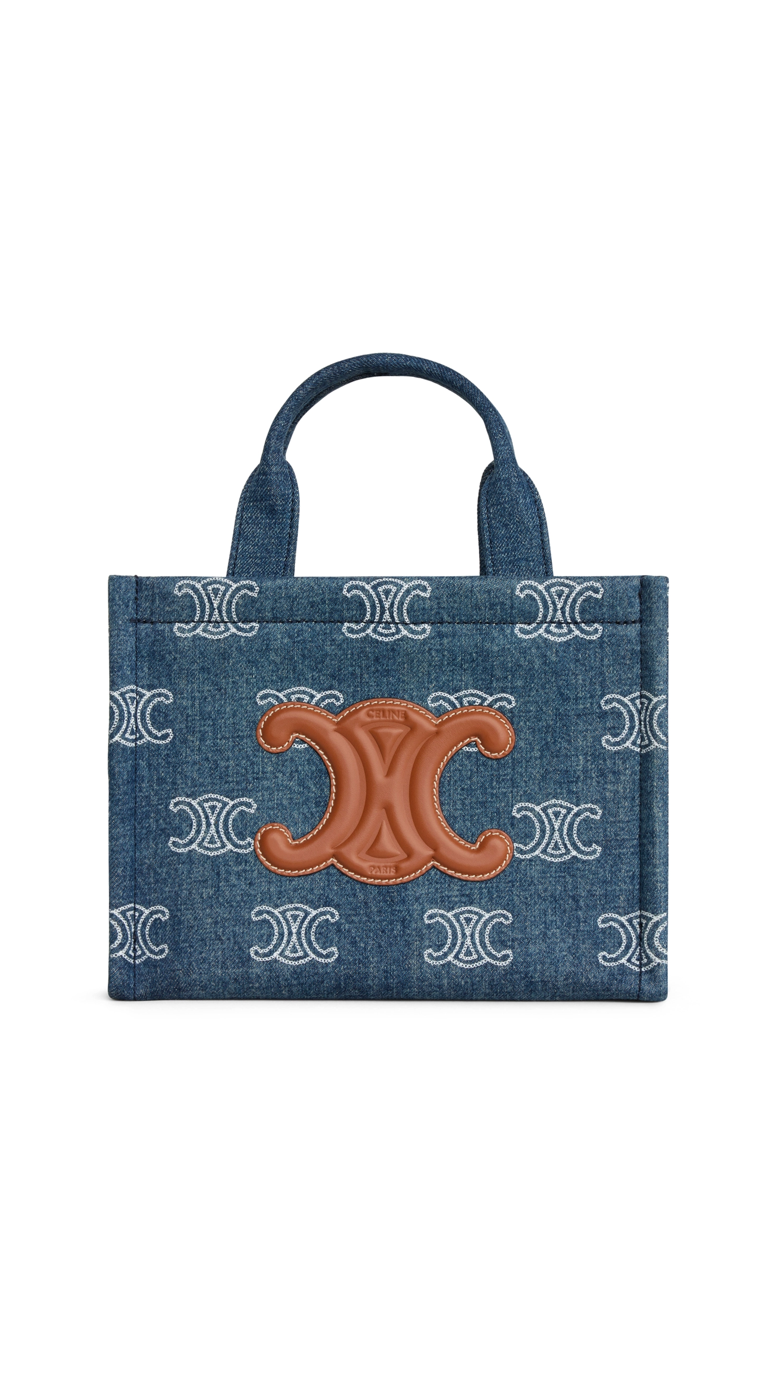 Small Cabas Thais in Denim with Triomphe Allover Embroidery and Calfskin - Navy/Tan