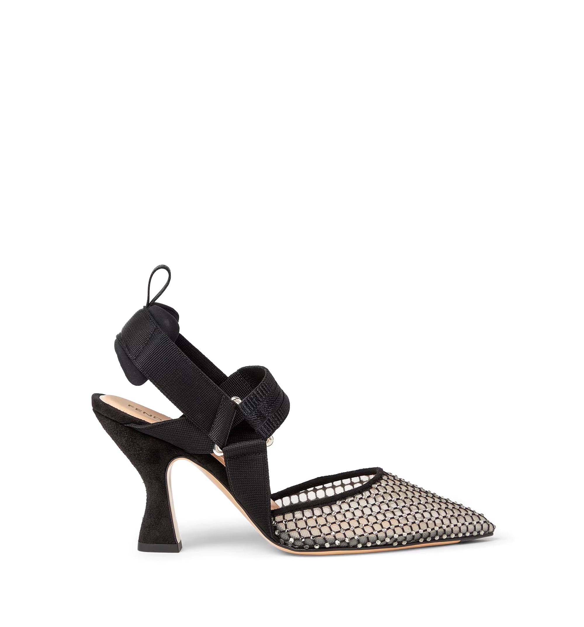 Black mesh and suede high-heeled slingbacks
