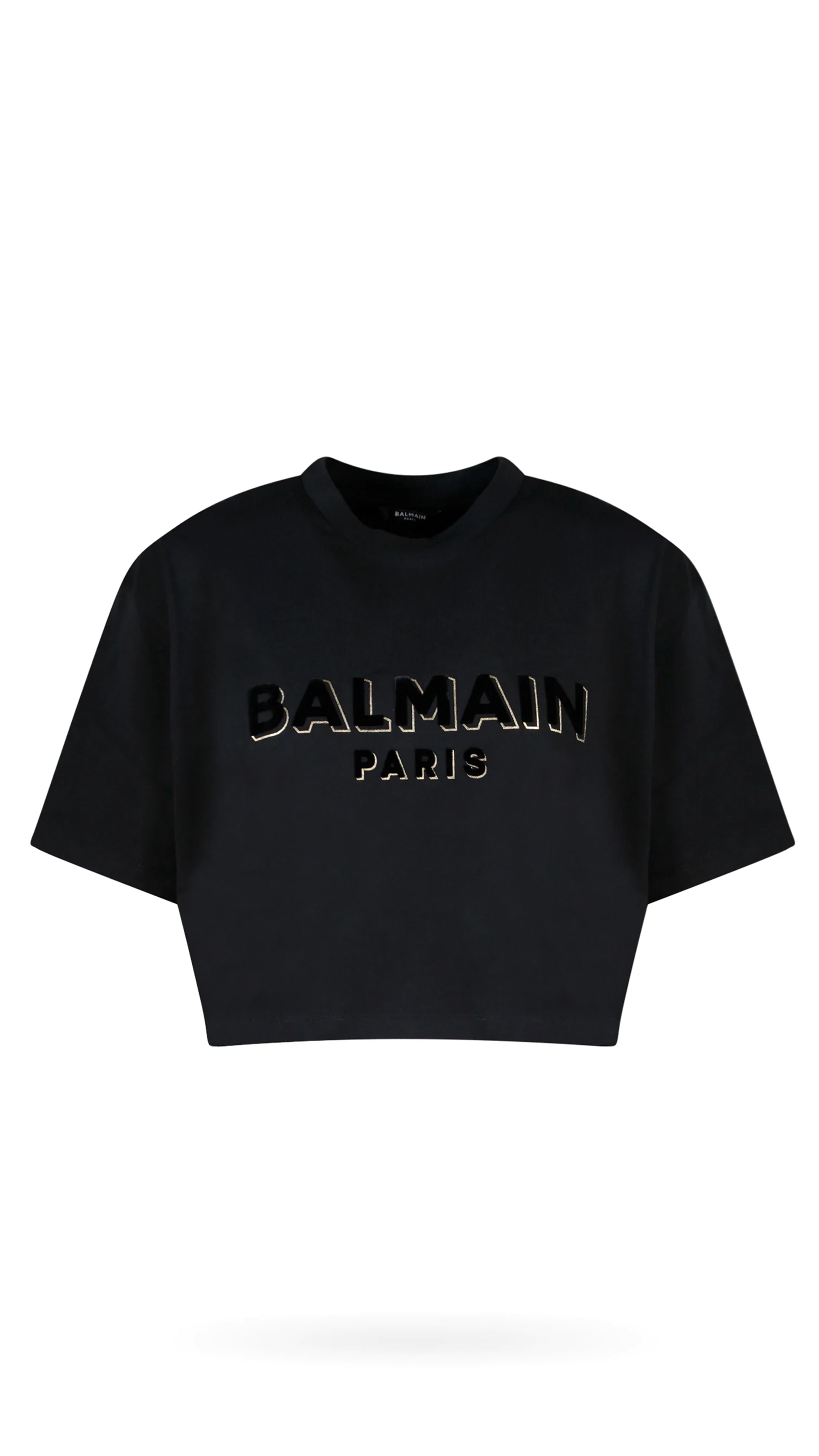 Cropped T-shirt with Balmain Flocked Metallic Logo - Black