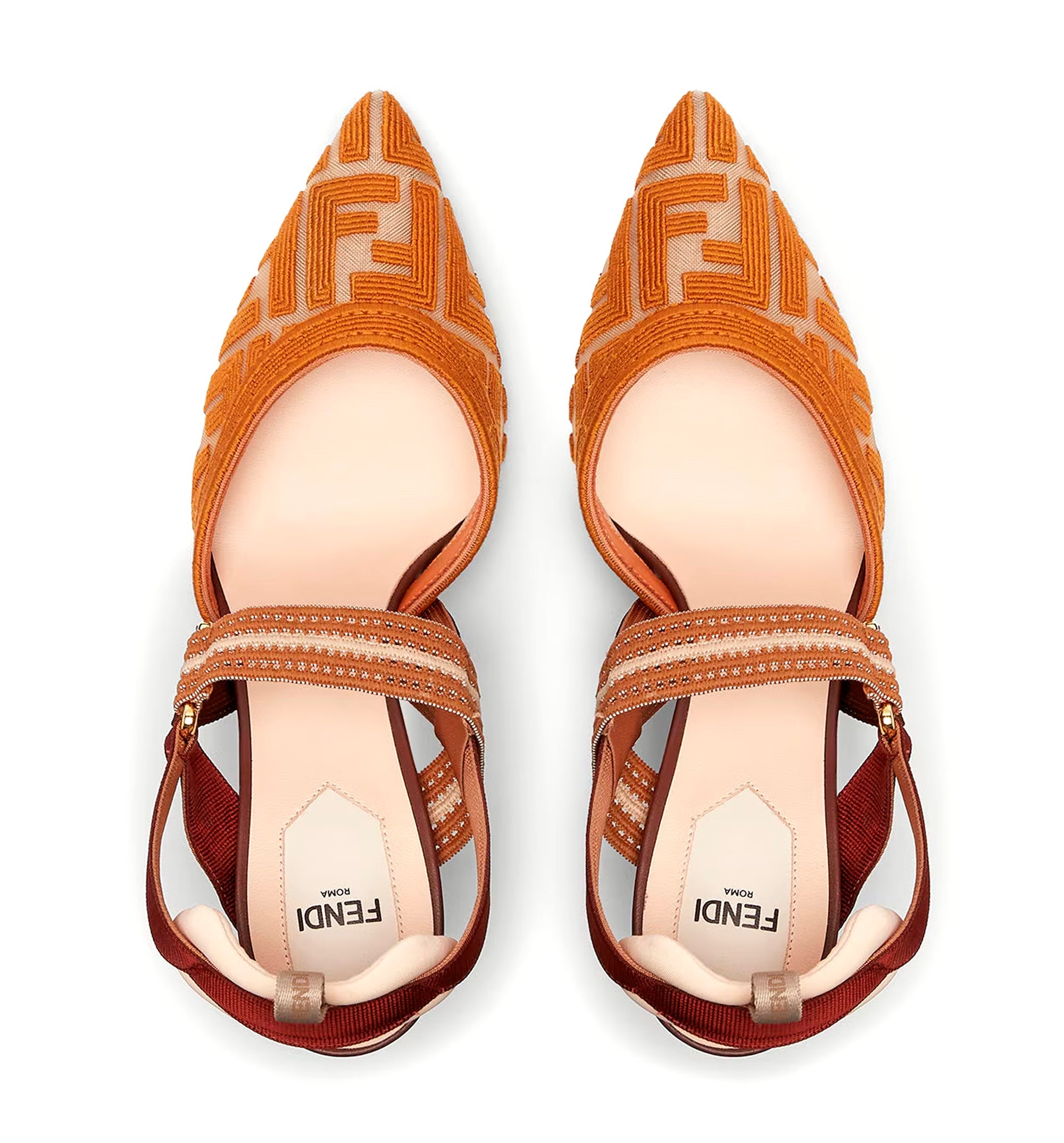 Brown FF fabric high-heeled slingbacks