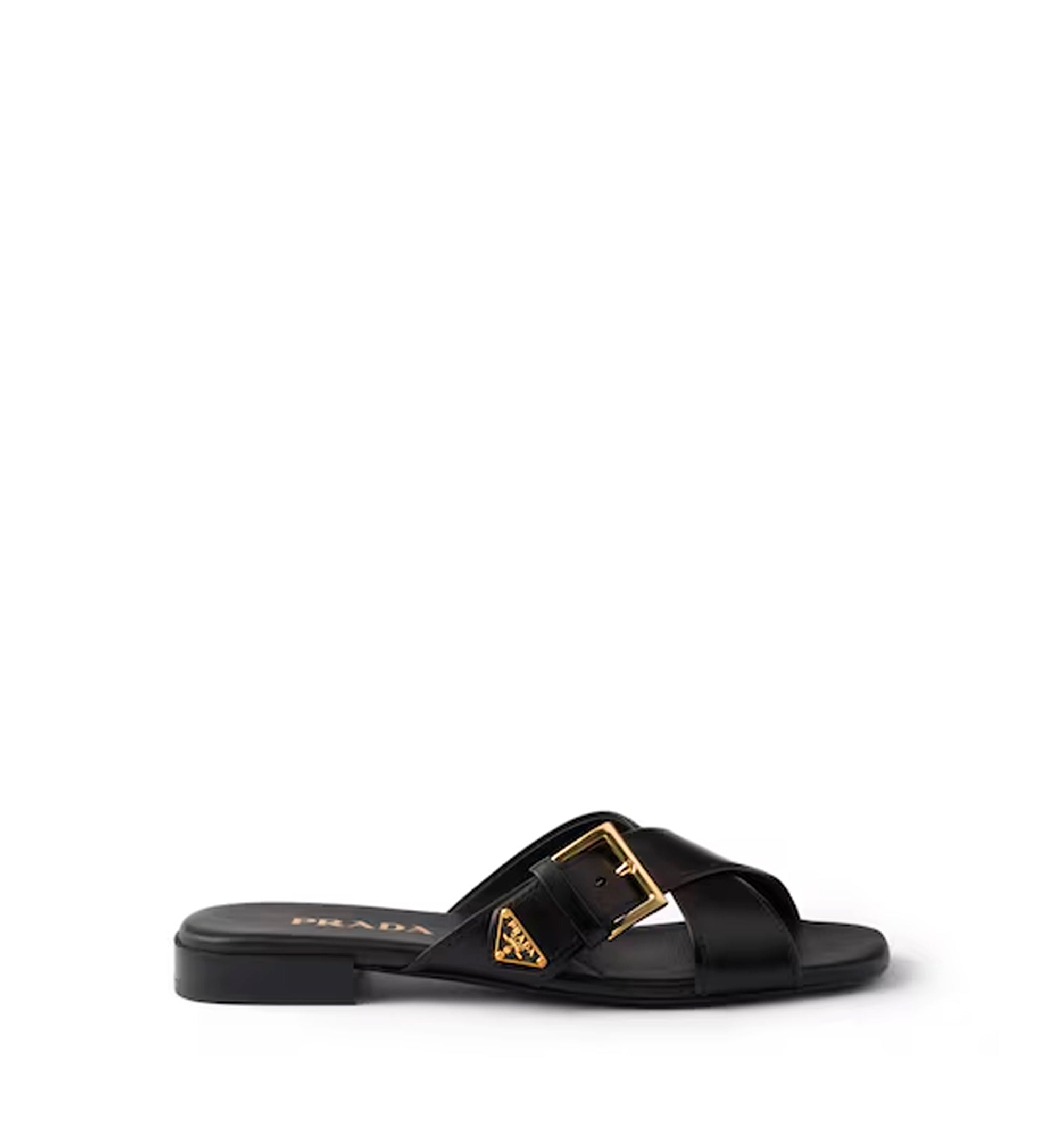 Leather crisscross slides with buckle