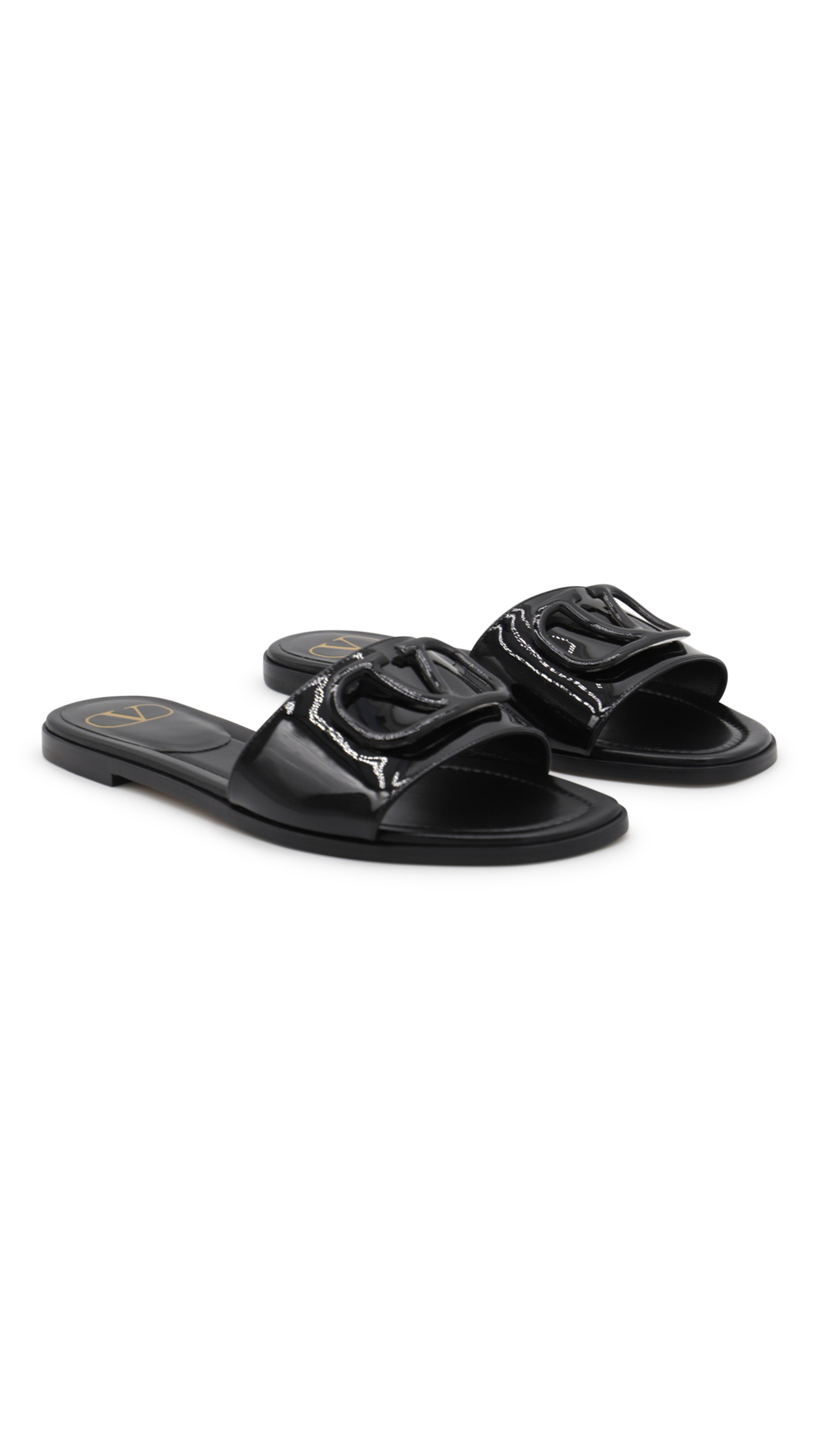 Vlogo Signature Slide Sandal in Patent Leather with Tonal Accessory - Black