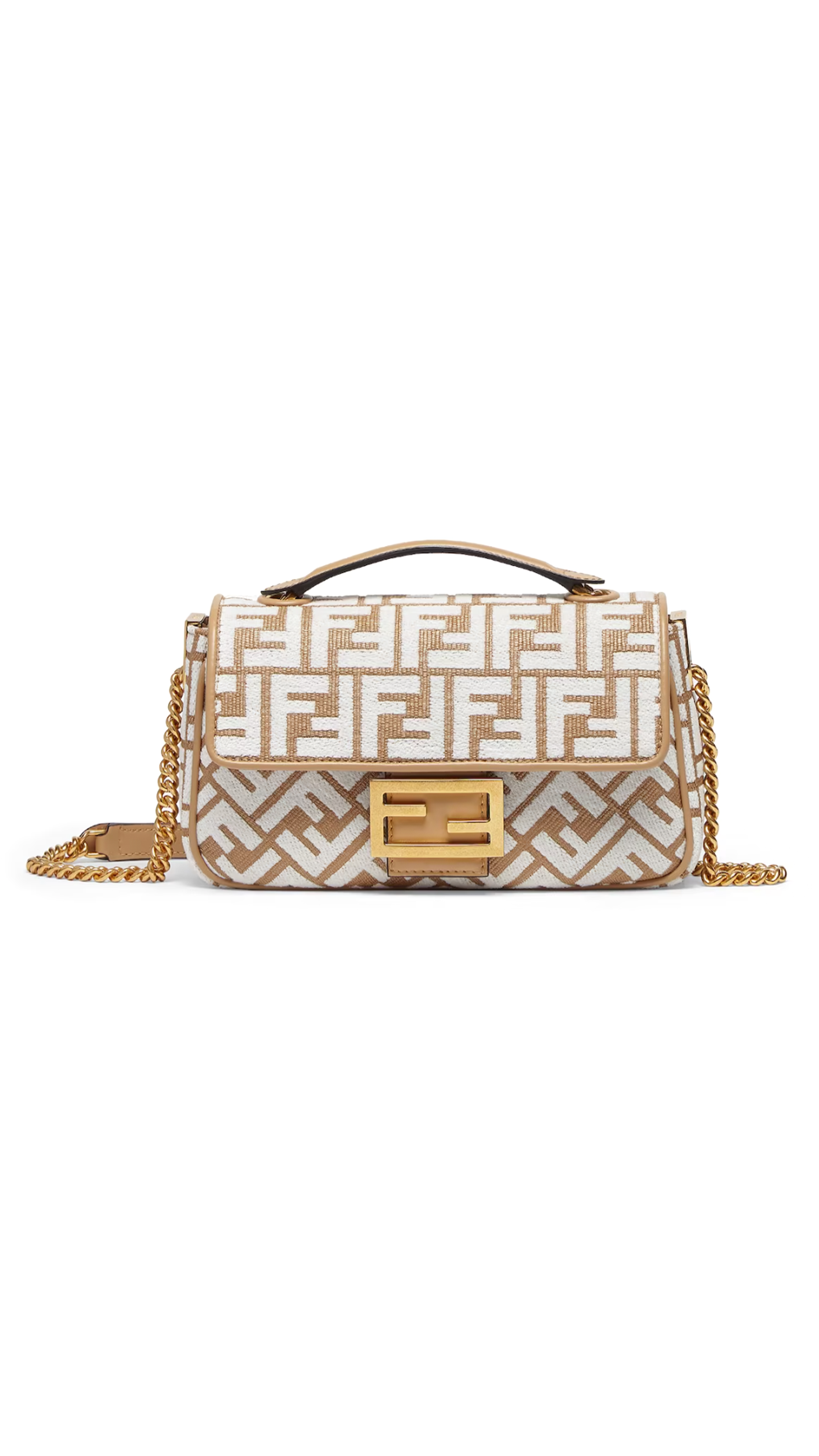 Baguette Chain Midi Bag in Raffia Tapestry - Beige/White