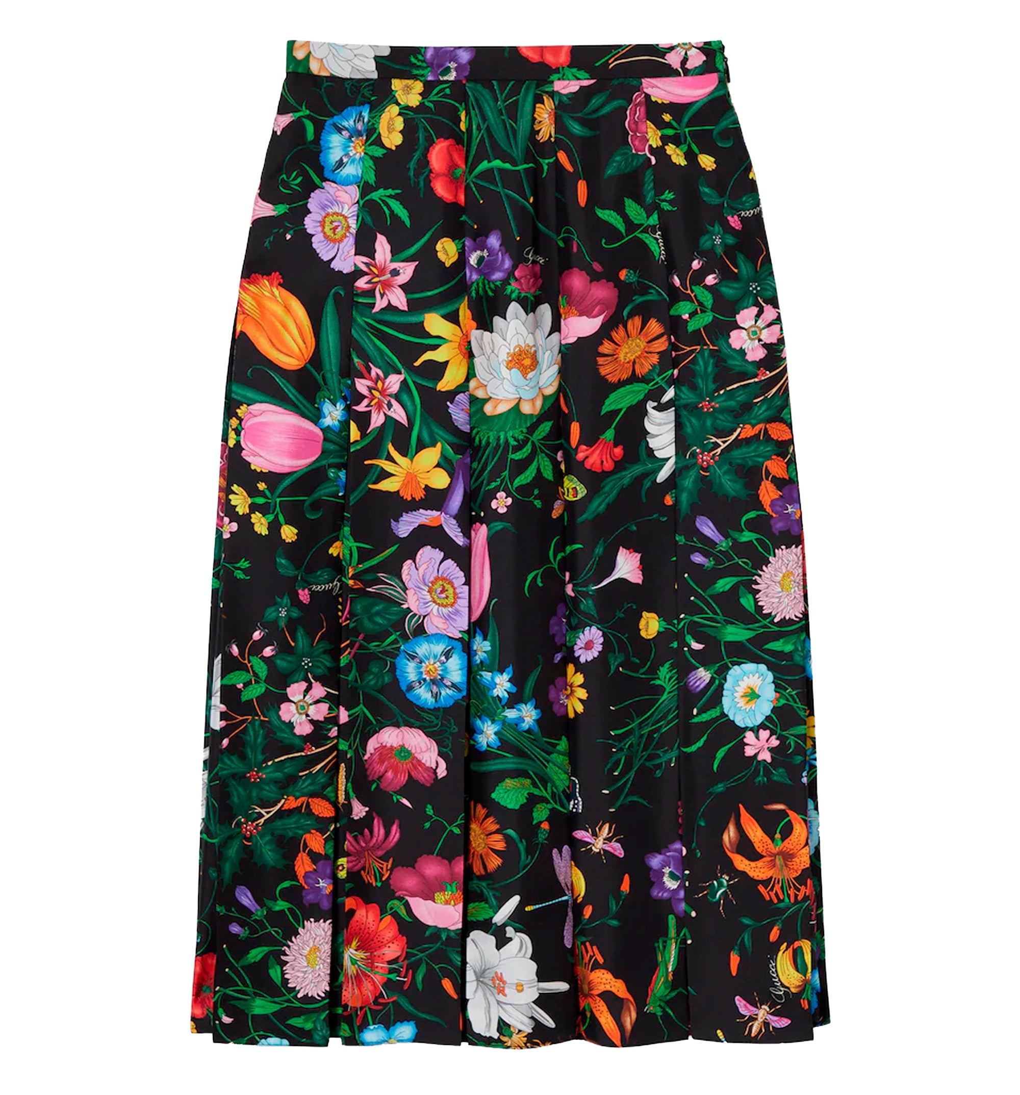 Printed silk twill pleated midi skirt