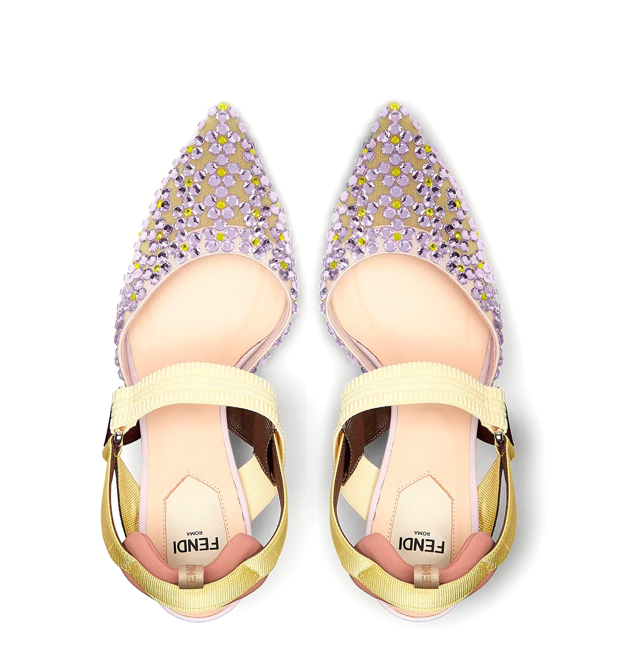 Yellow mesh and lilac crystal high-heeled slingbacks