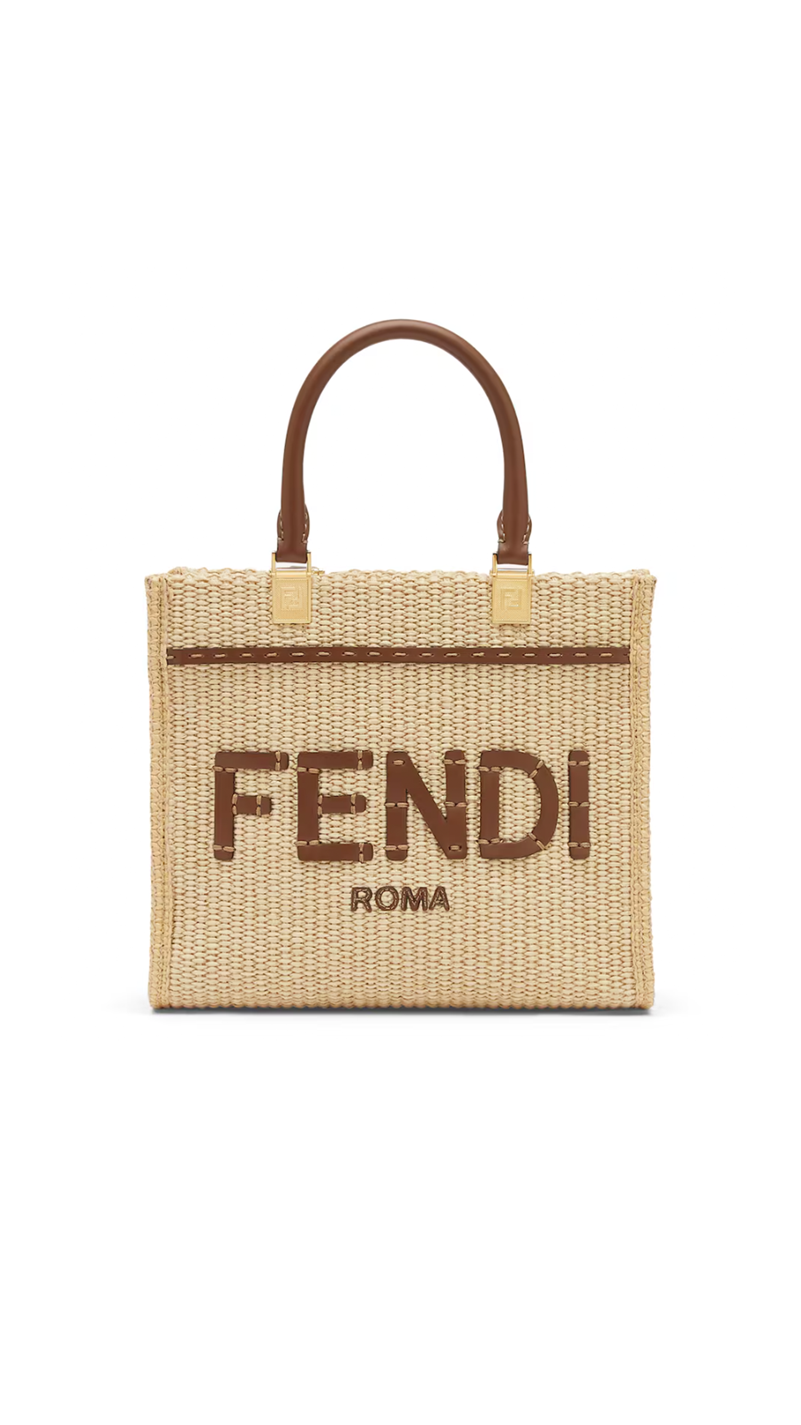 Fendi Sunshine Small in Raffia and Leather - Brown/Natural