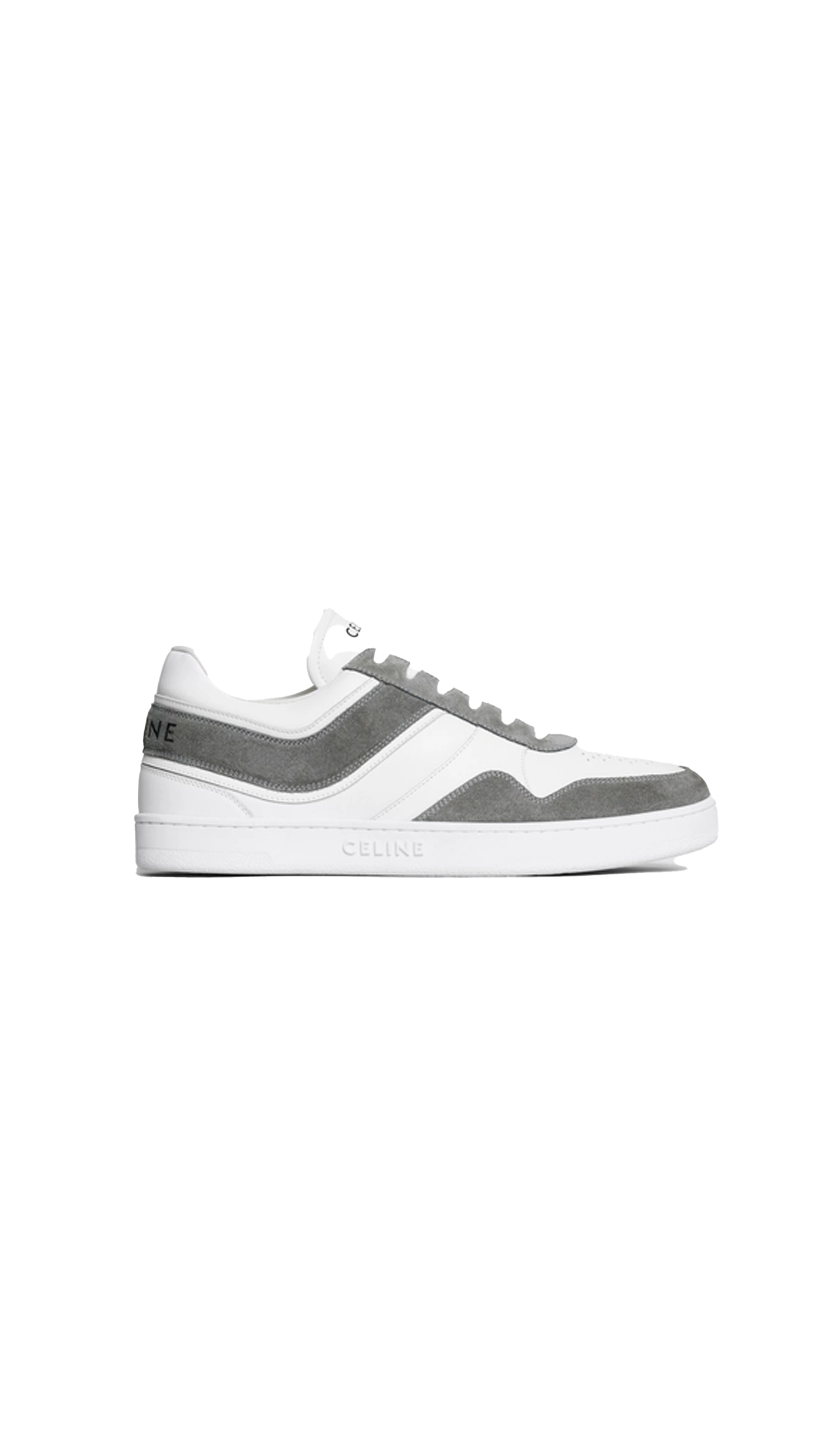 Celine Trainer Low Lace-up Sneaker In Suede Calfskin And Calfskin - Grey/optic White