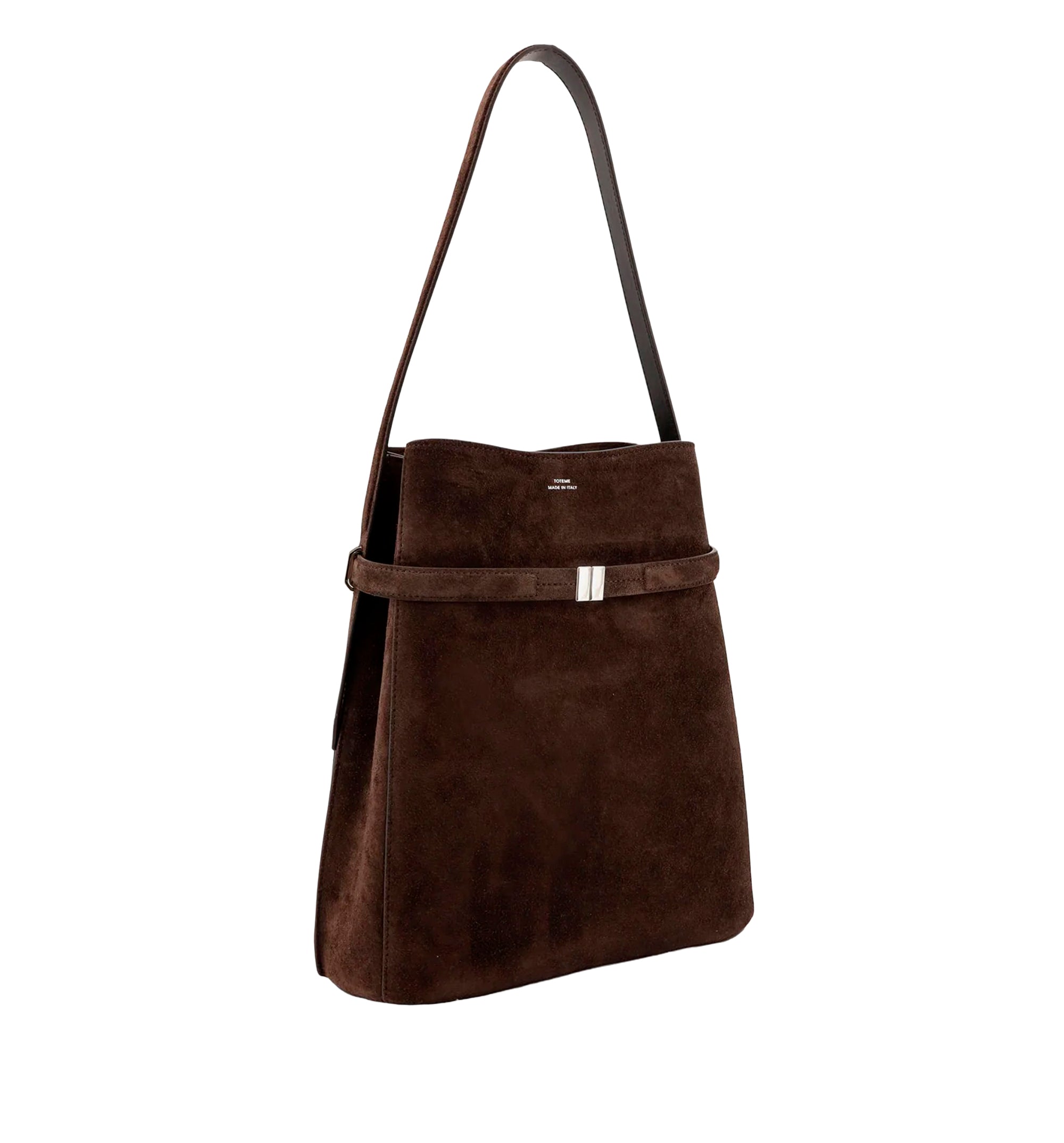 Suede shoulder bag with metal detail on the front