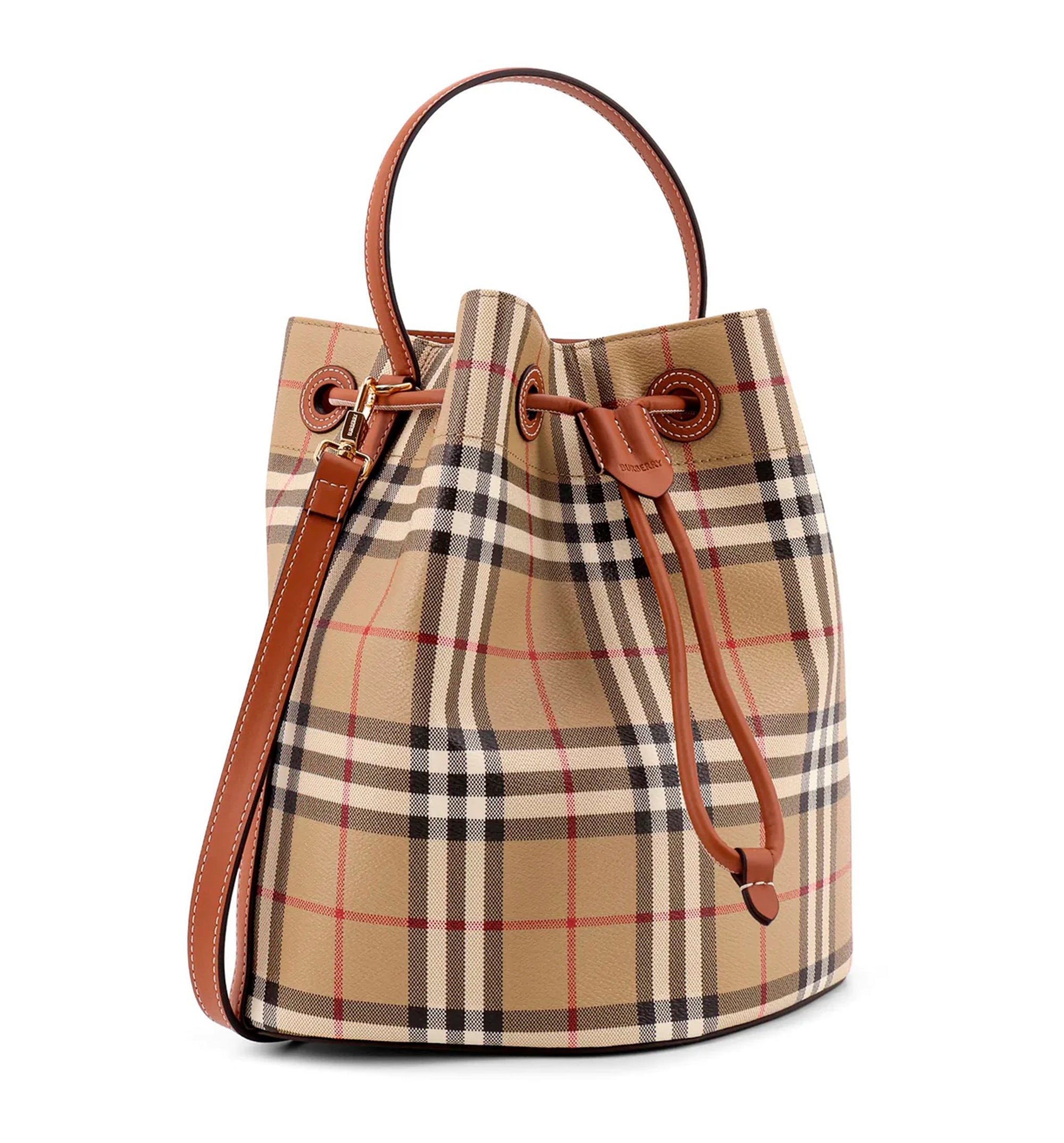 Coated canvas bucket bag with check pattern