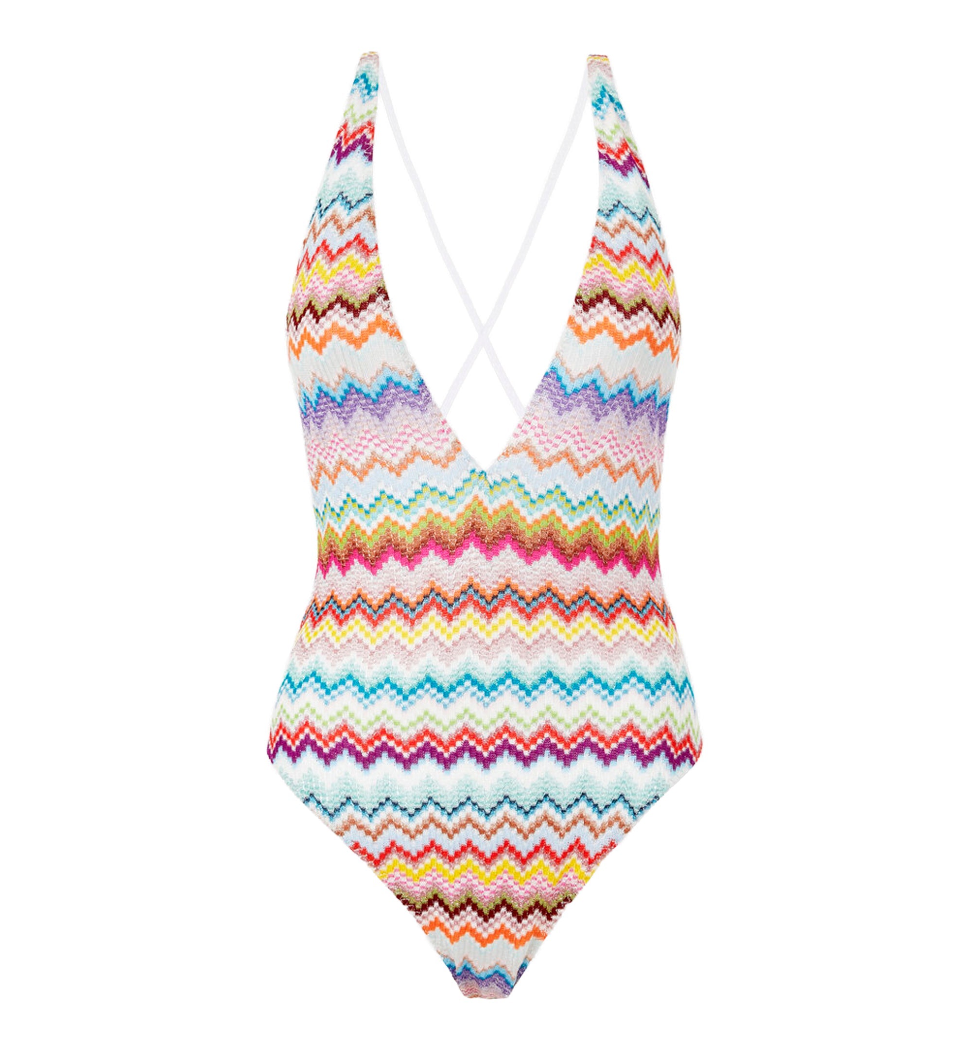 One-piece swimsuit in lamé viscose with pixel-effect zigzag pattern and V-neckline