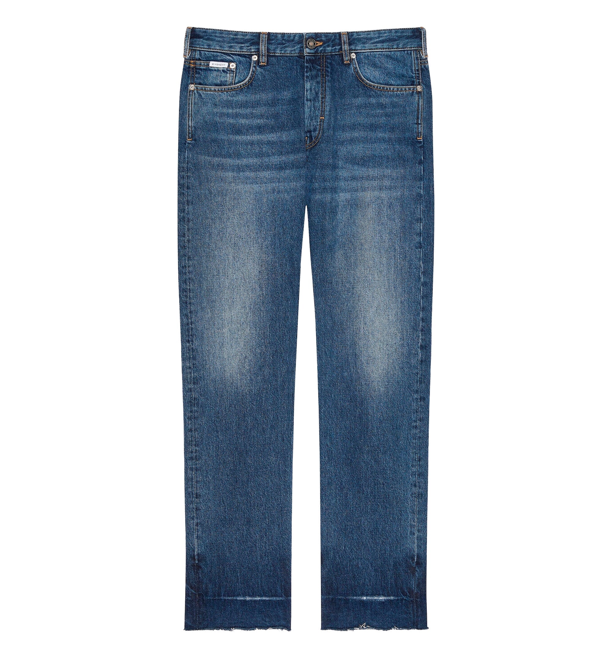 Straight fit blue jeans with raw details