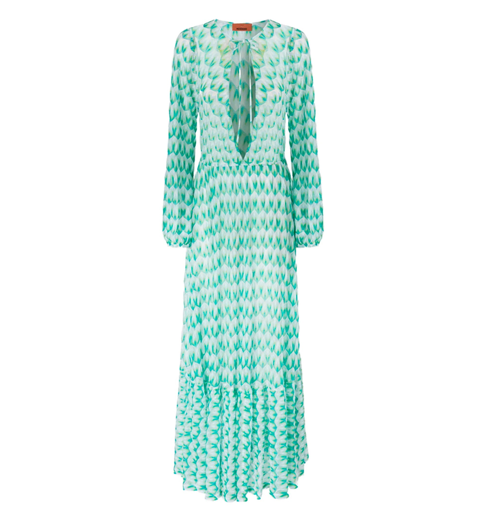 Long cover-up dress in lamé viscose with spiderweb motif and flounces