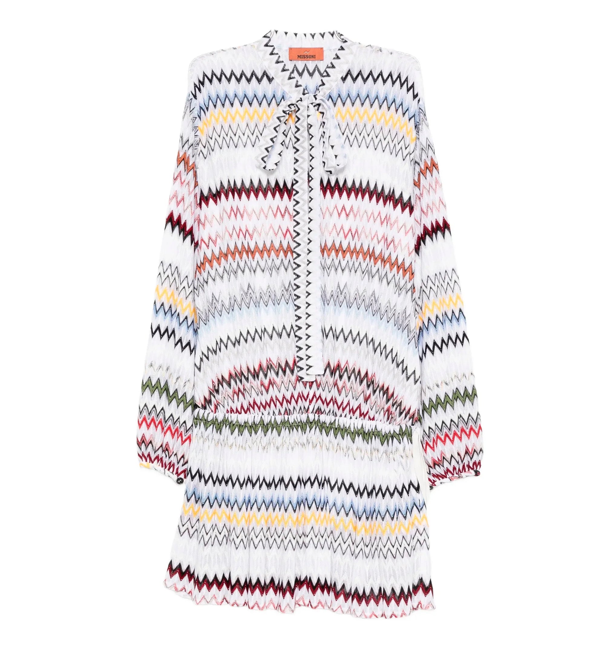 Zigzag-pattern Tie-neck Mini Dress