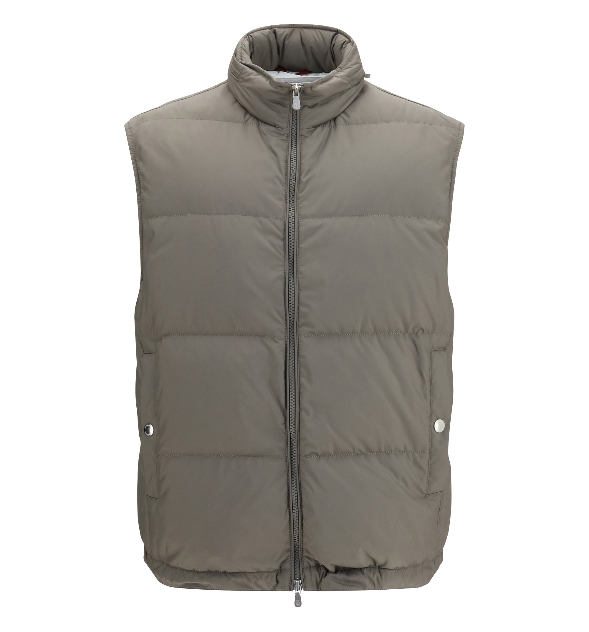 Lightweight techno-fabric down vest with packable hood