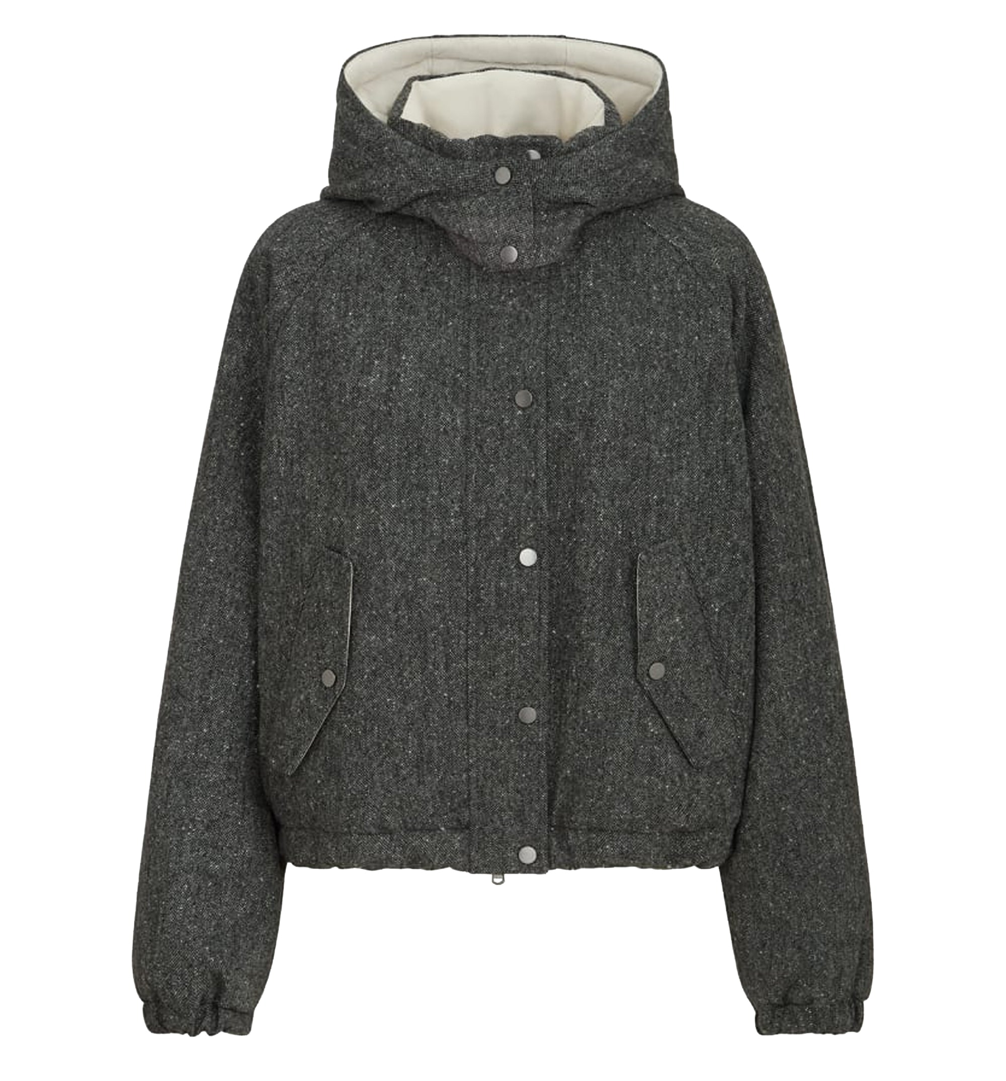 Virgin wool donegal down jacket with detachable hood and shiny zipper pull