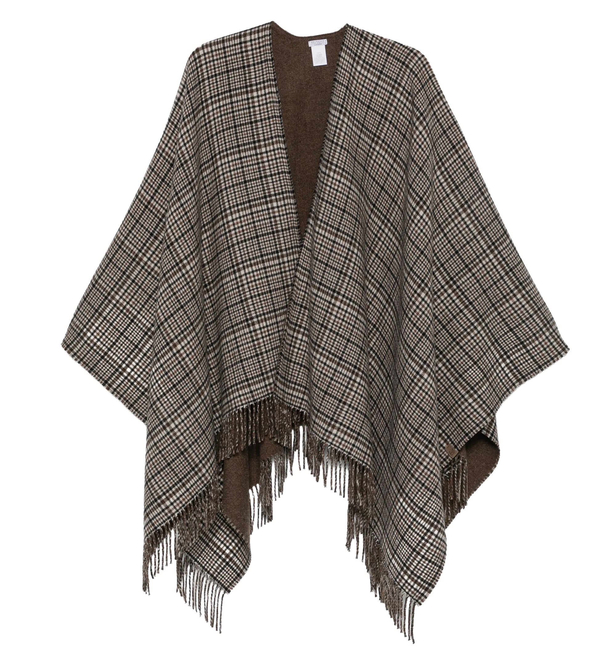 Check-pattern fringed poncho