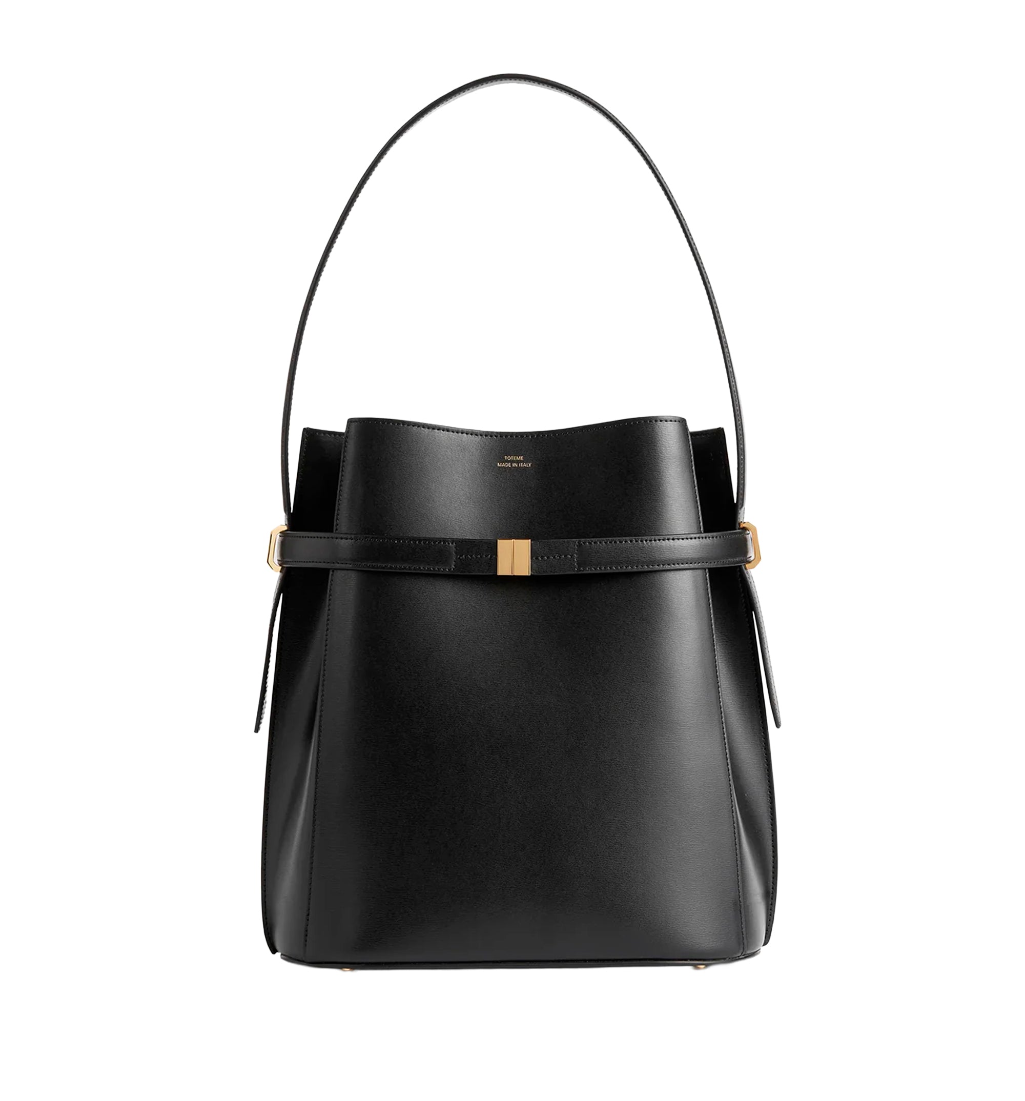 Belted leather bucket bag black