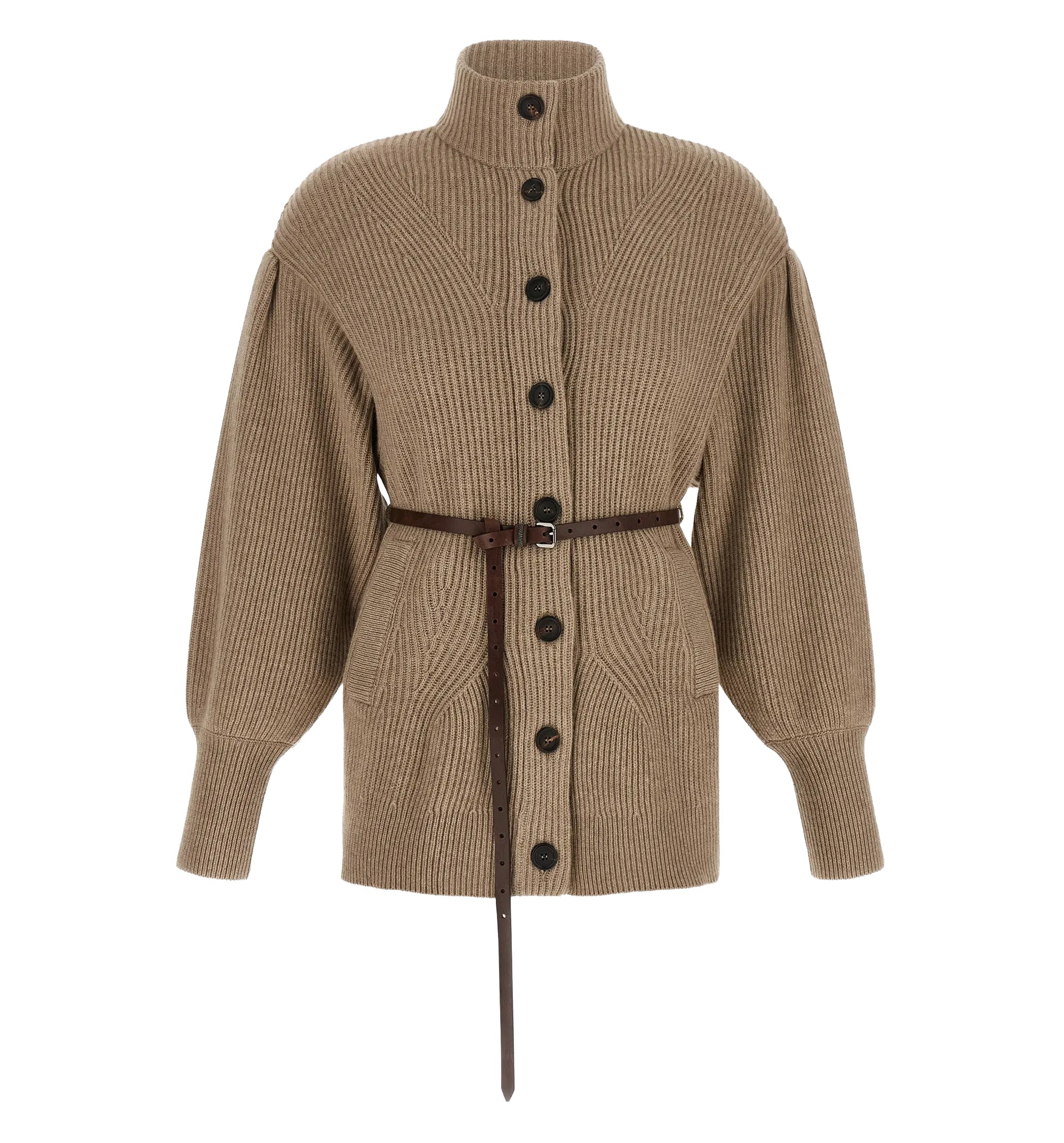 Belted ribbed-knit wool cardigan