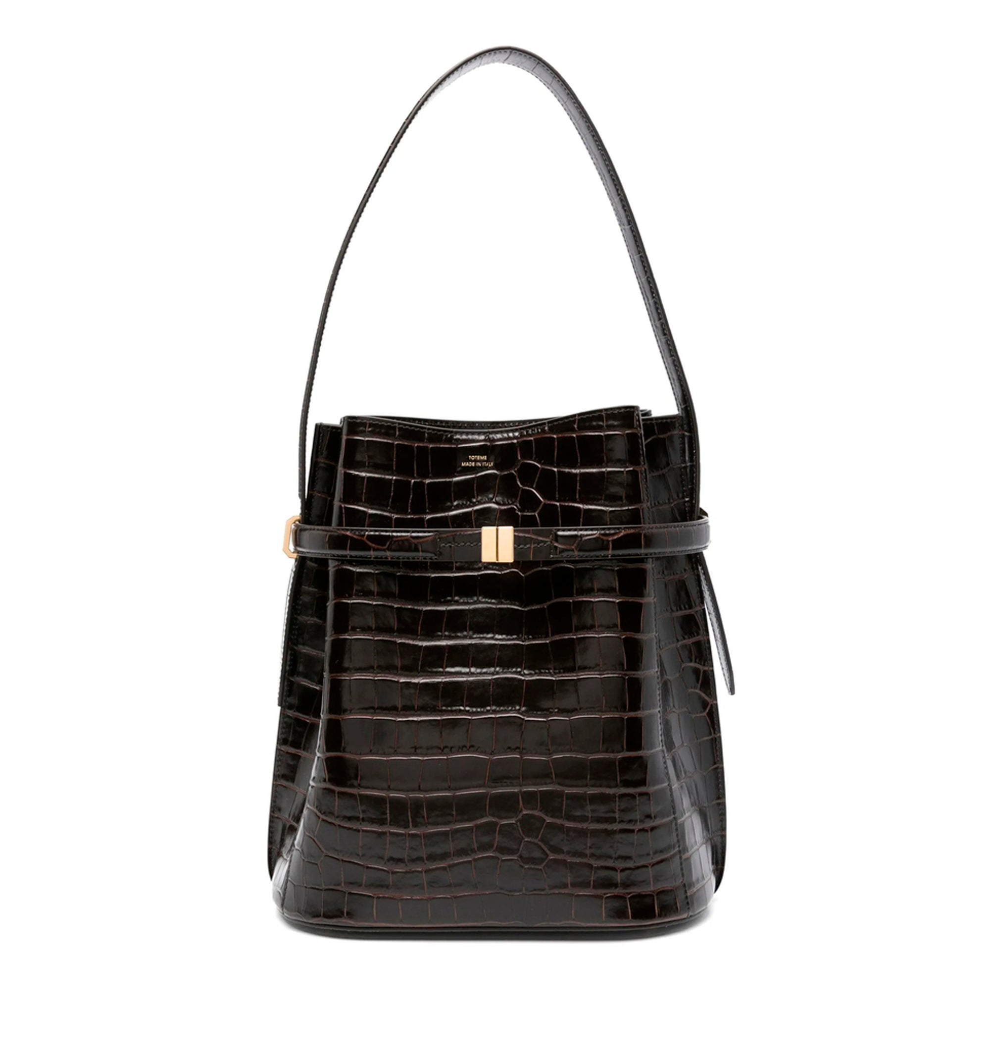 Belted croco-embossed bucket bag black