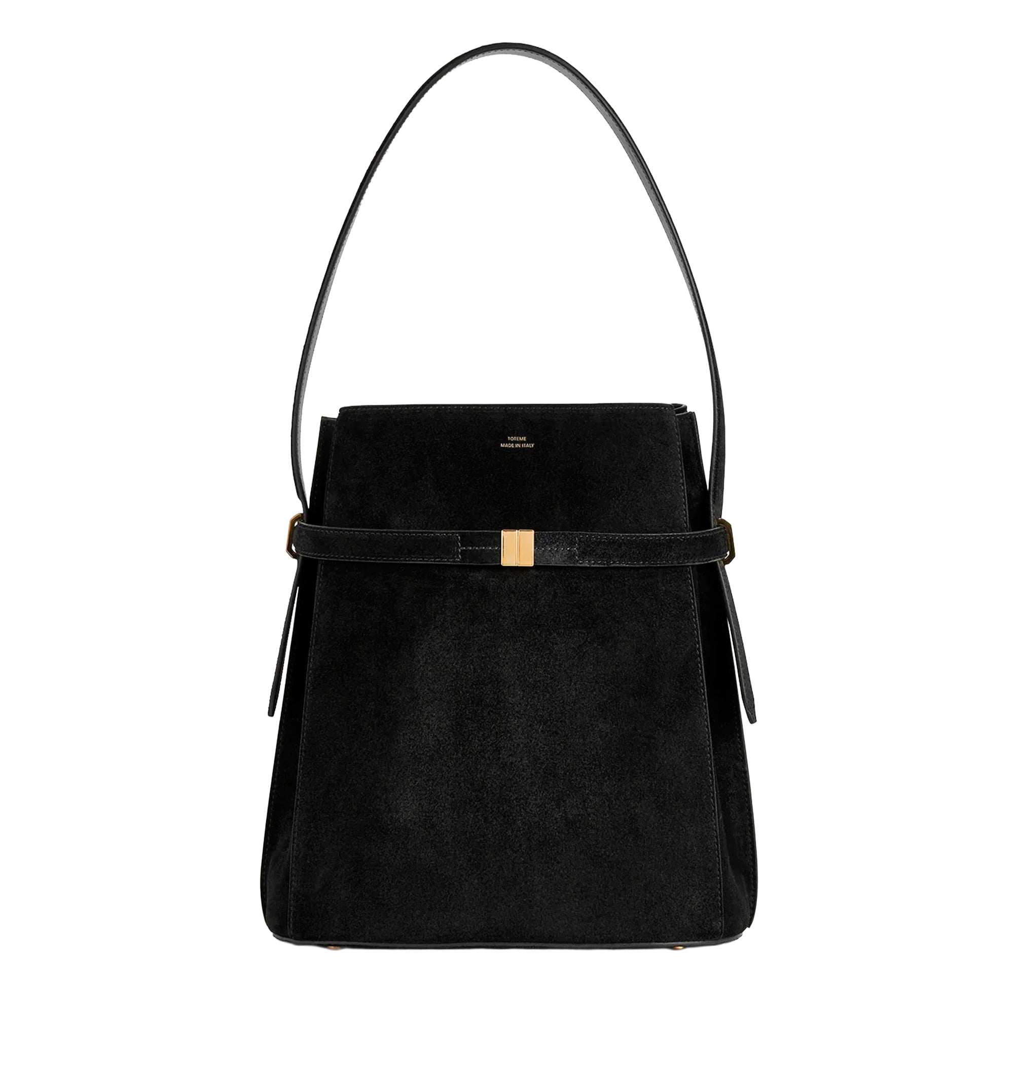 Belted suede bucket bag black