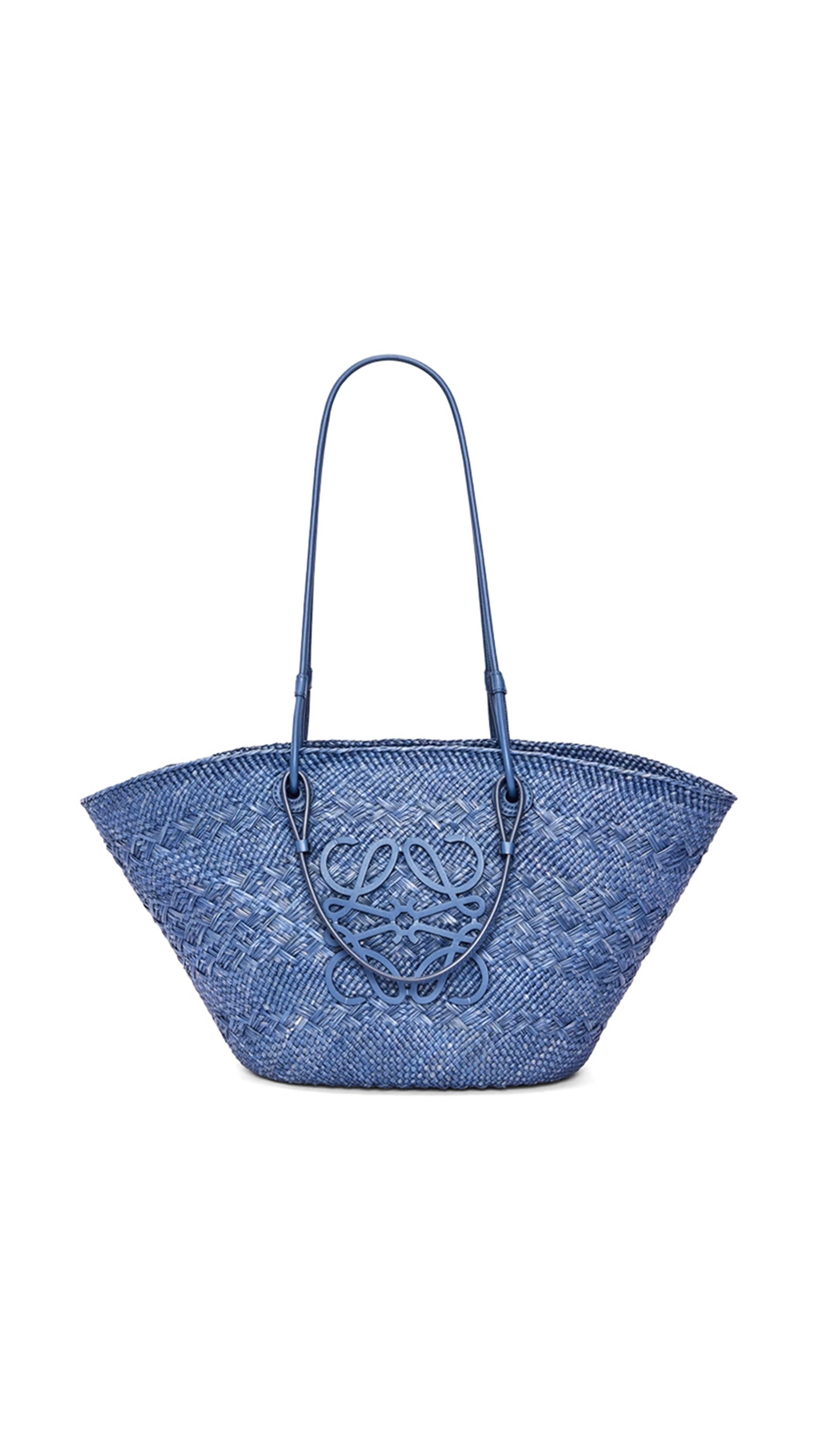 Anagram Basket Bag in Iraca Palm and Calfskin - Denim Blue