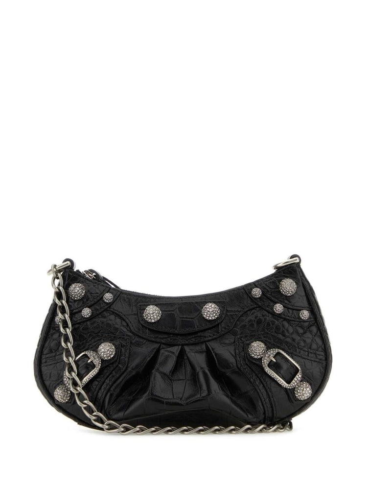 Le Cagole XS Crocodile Embossed Chain Shoulder Bag with Rhinestones - Black